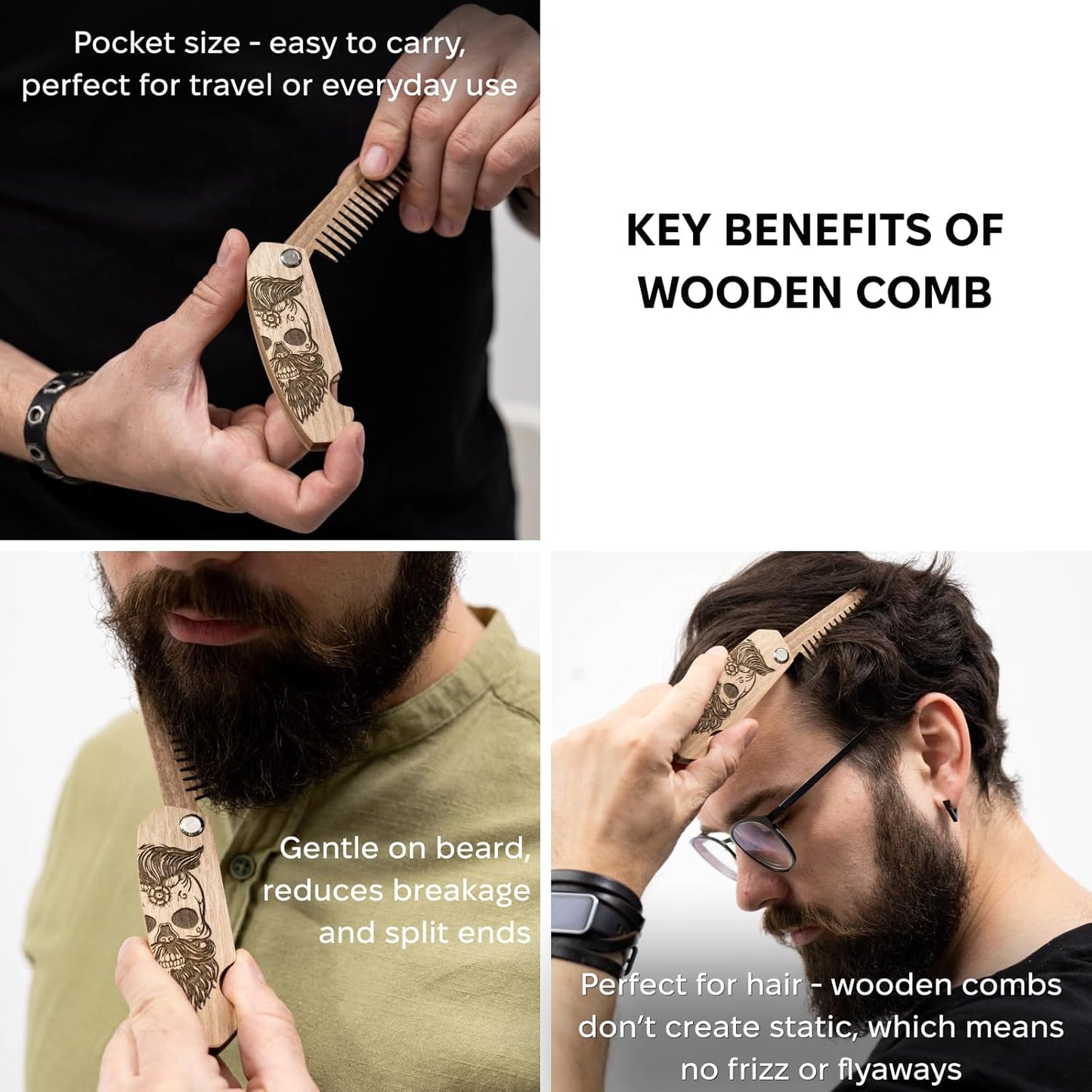 Enjoy The Wood Beard Comb for Men, Folding Pocket Beard Accessories for Men, Engraved Walnut Wooden Comb for Moustache, Beard & Hair For Him (Half Skull)