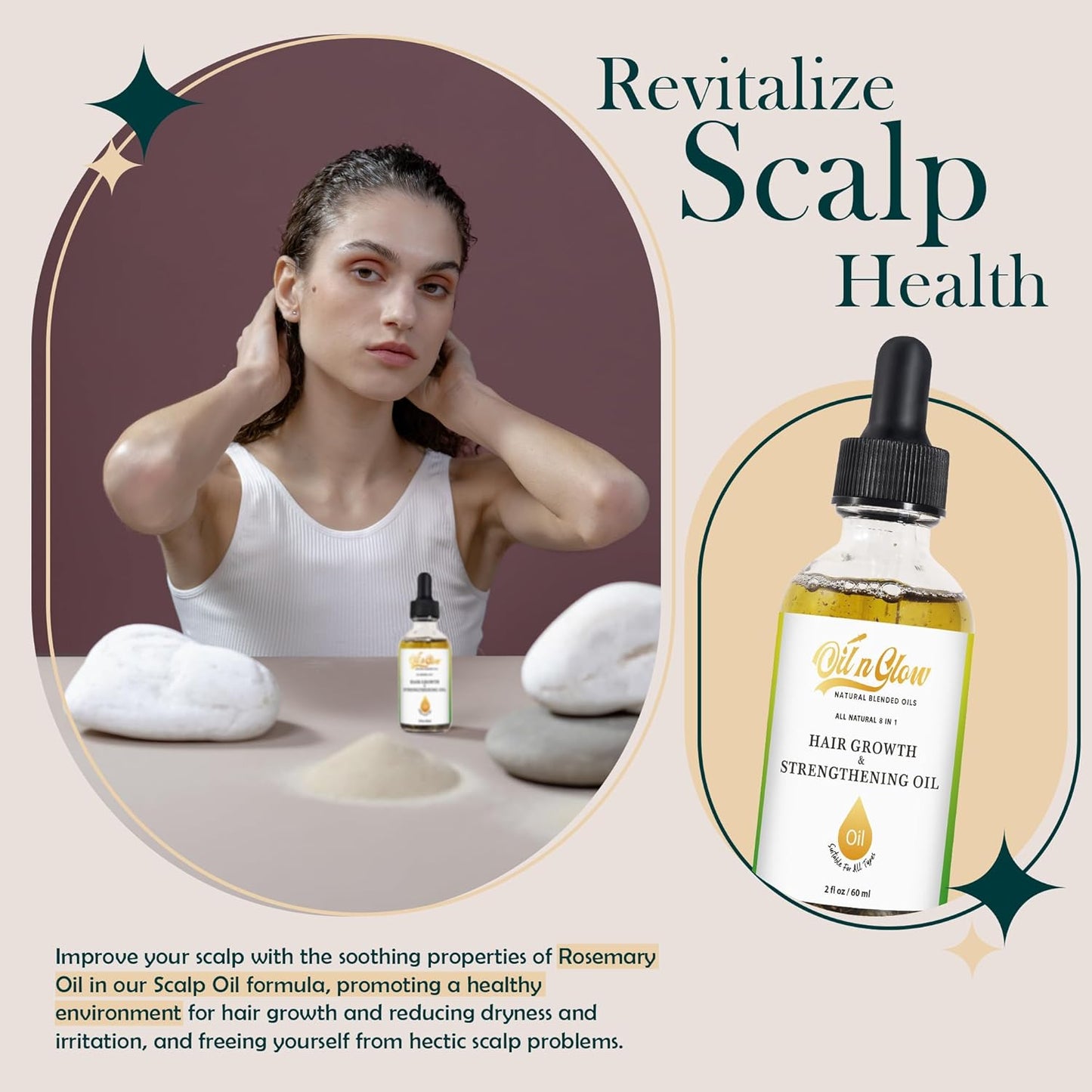 USDA Certified Organic 8 in 1 Natural Hair Growth Serum & Strengthening Oil with Rosemary, Castor, 100% Vegan Jojoba, Coconut, Grape Seed, Ginger & Scalp DHT Blocker Oil -2 FL