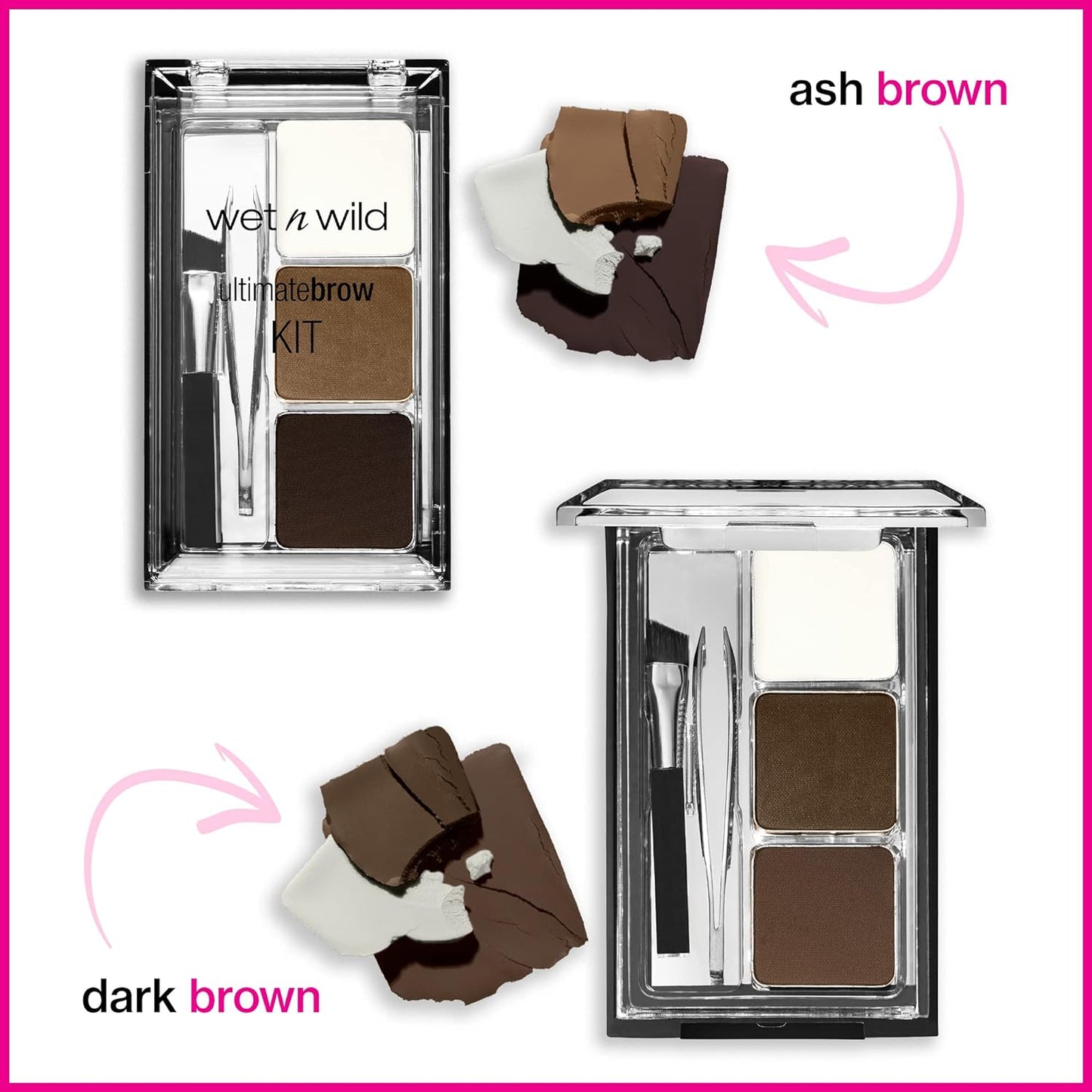 wet n wild Ultimate Eyebrow Makeup Kit, Long-Lasting Matte Brow Powder, Tweezers, Wax & Brush, Built-In Mirror, Purse-Friendly Compact - Dark Brown(Pack of 2)