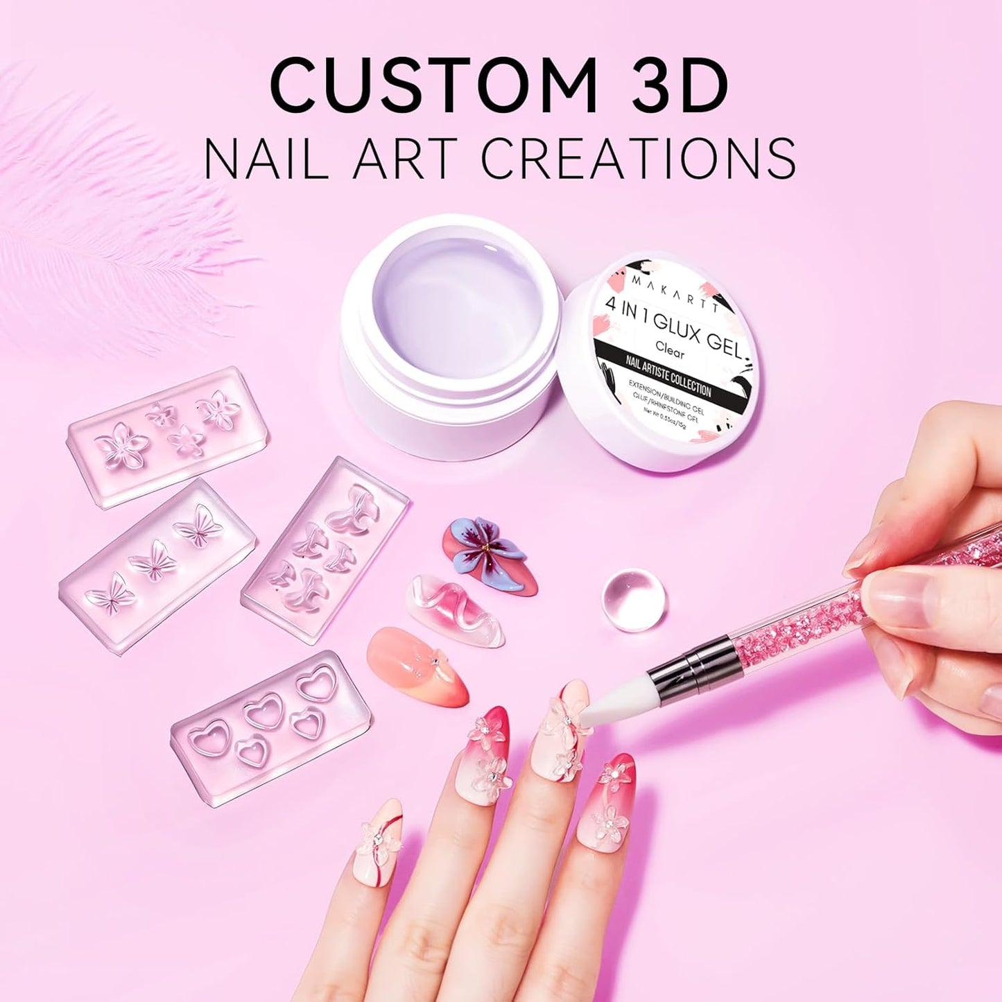 Makartt 3D Gel Nail Art: 4 in 1 Solid Gel Builder Kit for 15ML Nail Extension Gels, 4pcs Silicone Molds, 1 Sculpting Brush, UV Glue for Acrylic Nails Rhinestones Gels Molding Manicure Hard Gel Kit
