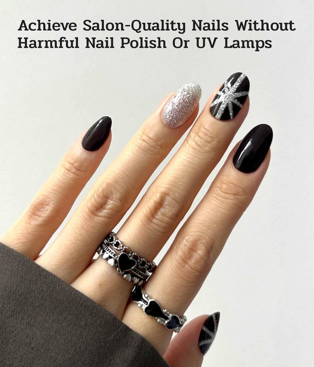 Nail Polish Strips - 22 Pcs Salon Quality Gel Nail Stickers - Long Lasting Wraps (Saint Black Glitter)