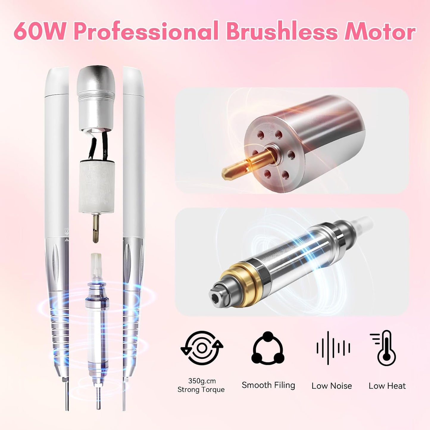 Makartt Nail Drill Professional: 60W 35000RPM Electric Nail File with Coreless Motor, 2 in 1 Desktop & Portable, Drill Bits and LCD Display for Acrylic Gel Nails, Nouvella Pink