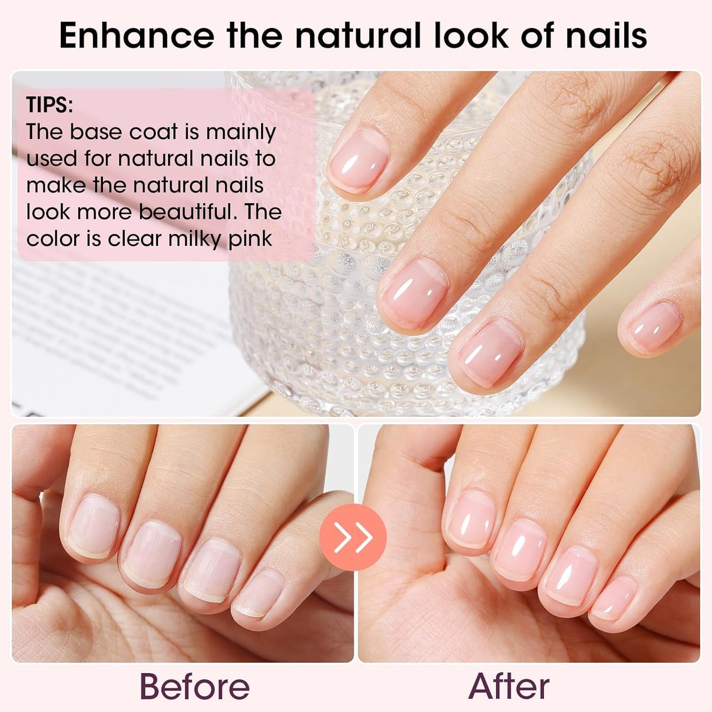 GELLEN 4‑in‑1 Clear Nail Polish Base Coat Sheer Tinted Milky Pink, Ridge Filler, Nail Strengthener & Concealer, Calcium Formula Strengthens Nails, Enhances Natural Look, No HEMA, Anti-yellowing