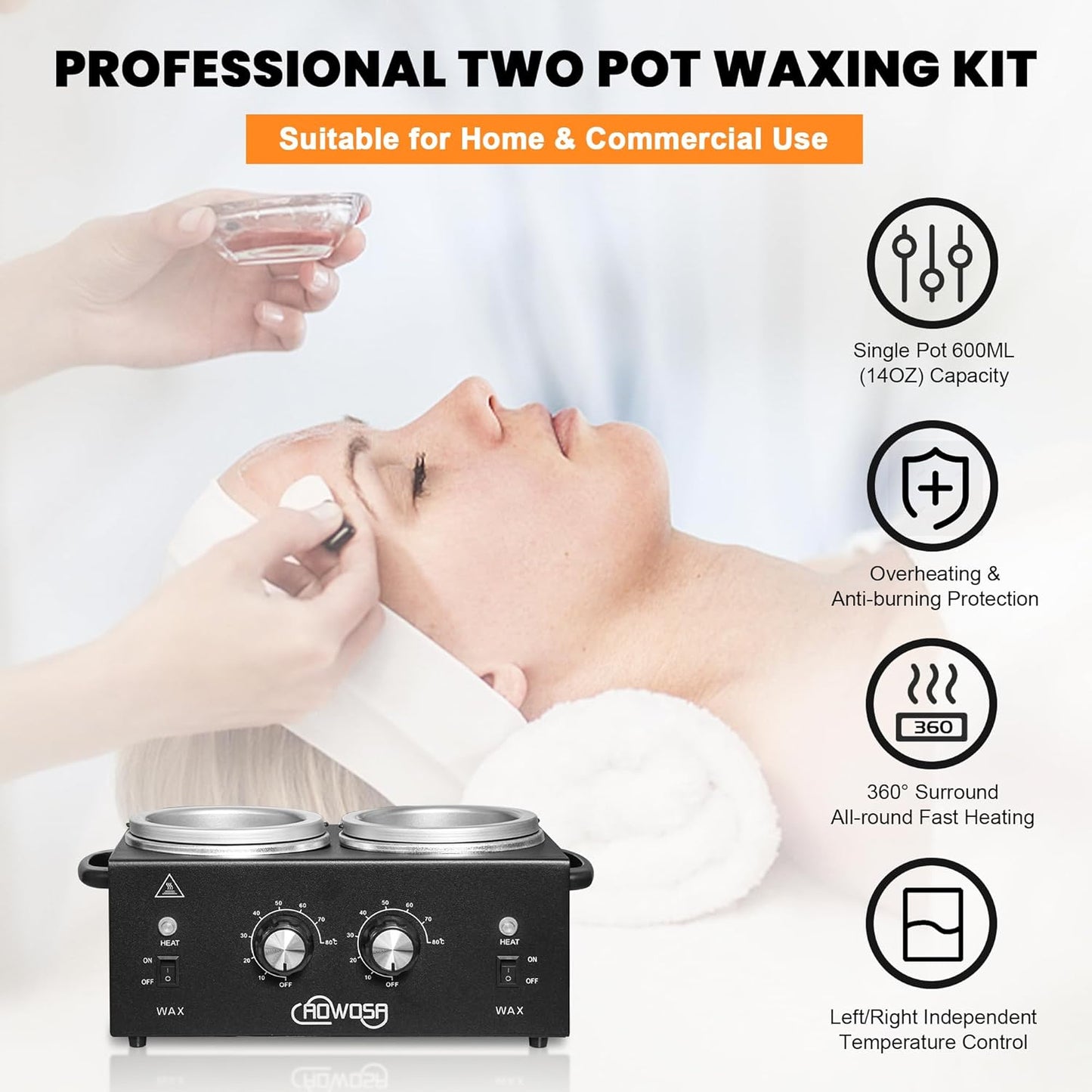 Professional Hair Removal Kit - Wax Warmer Machine with Double Pot, Large Capacity for Spa Salon and Home Use, Non-Stick Easy Clean Pots, 50 Sticks & 20 Collars (Black)