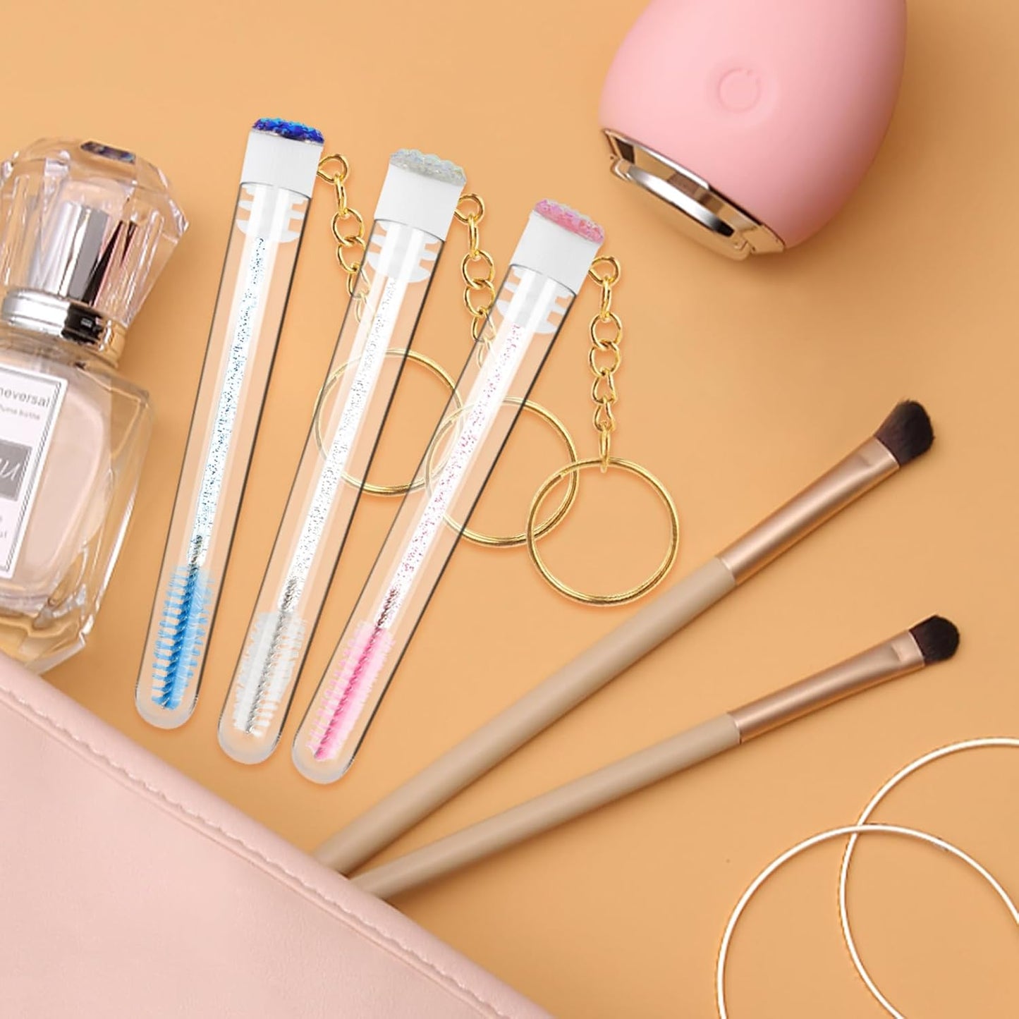 48 Pieces Disposable Mascara Wands Set,Include 24 pcs Disposable Crystal Lash Spoolies Brush and 24 Pieces Reusable Diamond keychain Empty Eyelash Brush Tubes for Women Girls Makeup Brush Kit