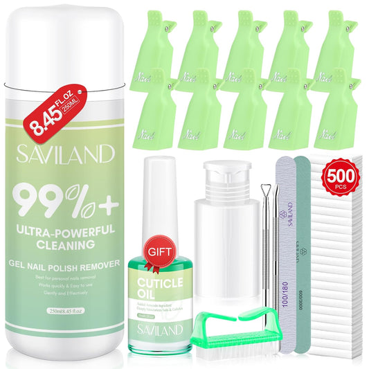 SAVILAND Gel Nail Polish Remover Kit: 8.45 OZ Cuticle Oil Gel Polish Remover Push Down Dispenser Bottle Nail Clips Nail File Cuticle Peeler Cotton Pad Home Salon Gel Remover for Nail