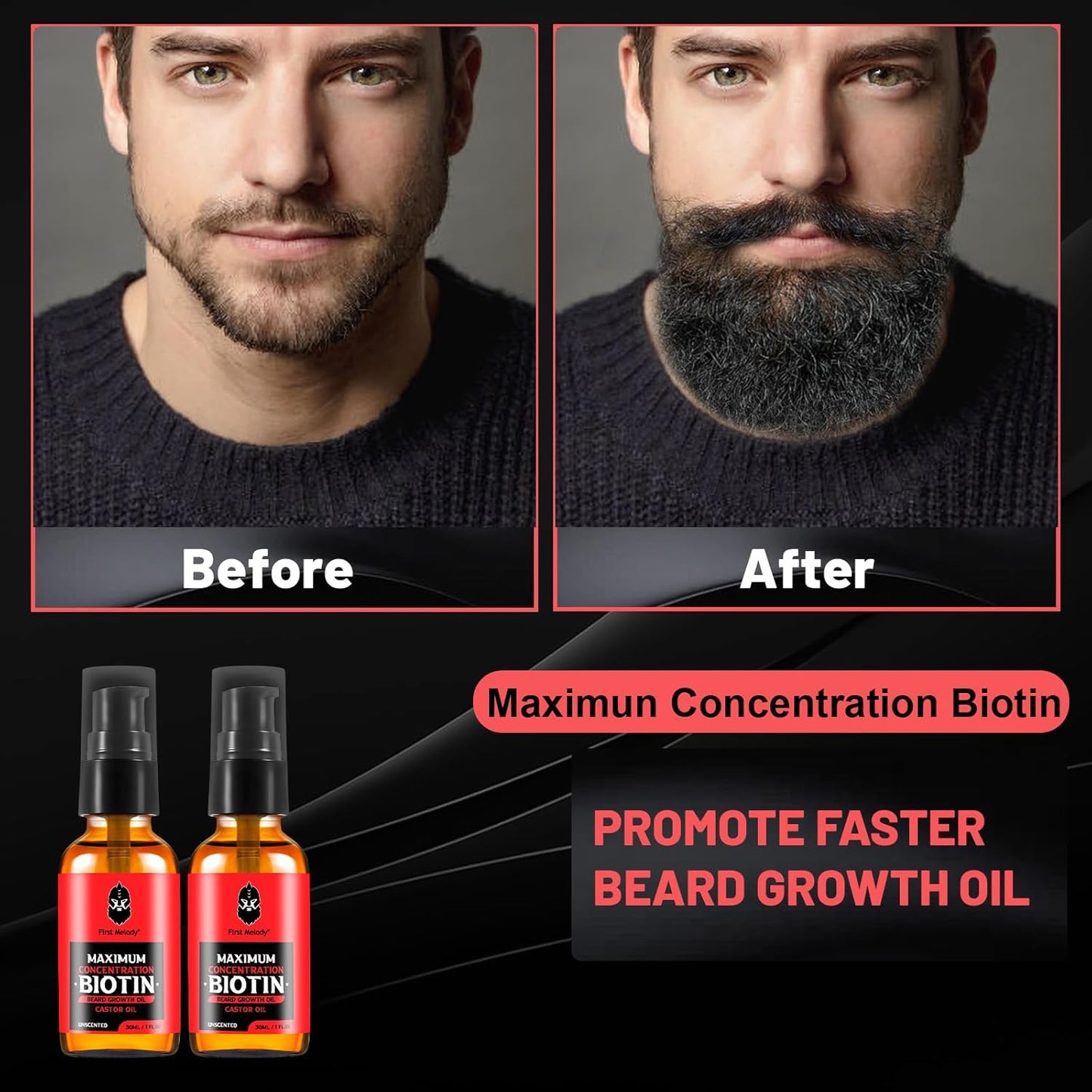 Beard Oil,Maximun Thickening Biotin, with Castor Oil and Argan & Jojoba Oils, Promotes Beard Growth, Styles, Strengthens & Softens Beards & Mustaches,1 Ounce*2（2 Pack）