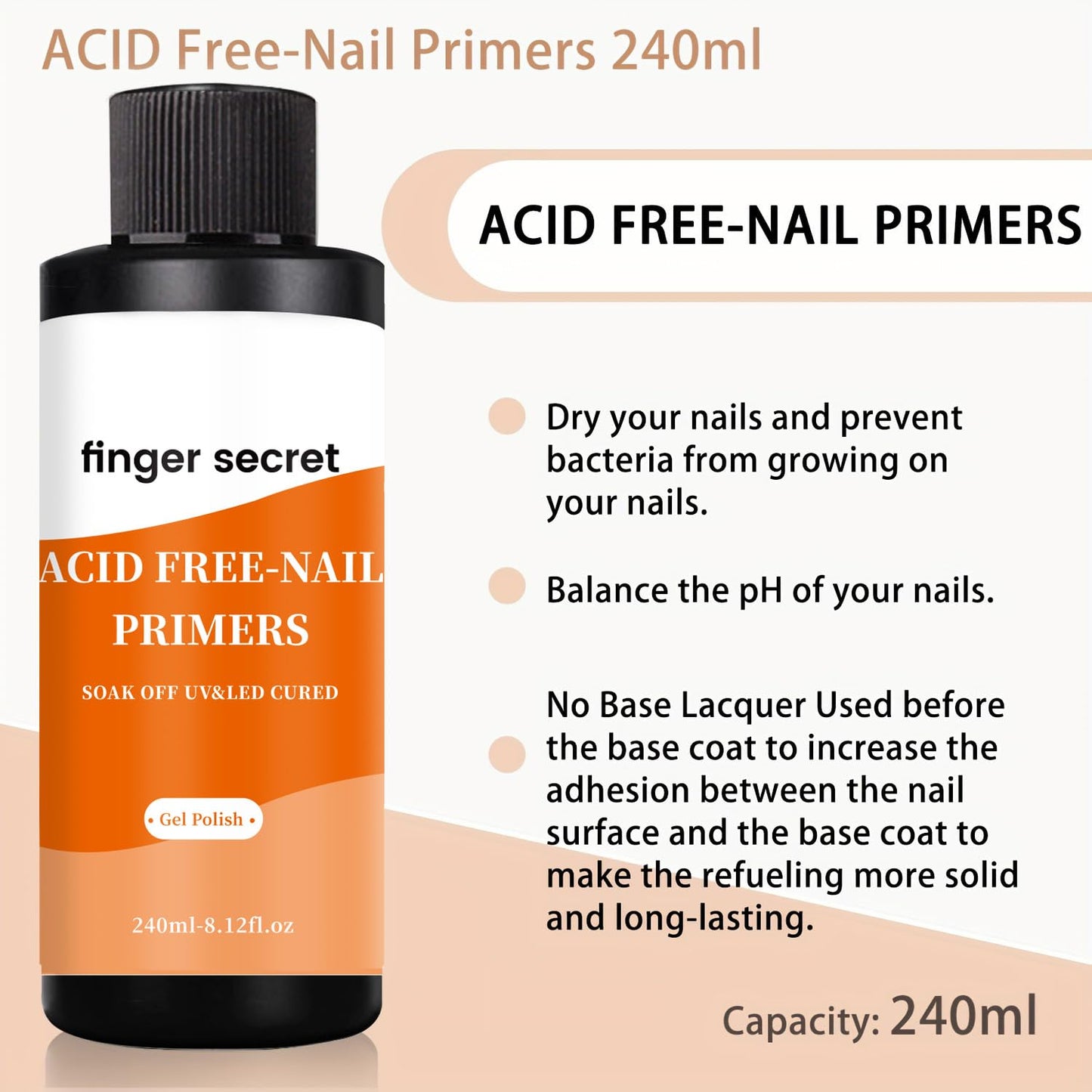 240ml/8floz Acid-Free Primer for Gel Nail Polish, Fast Air Dry Nail Primer, Builder Gel for Nails for Nail Art Design In Salon Or Home Use