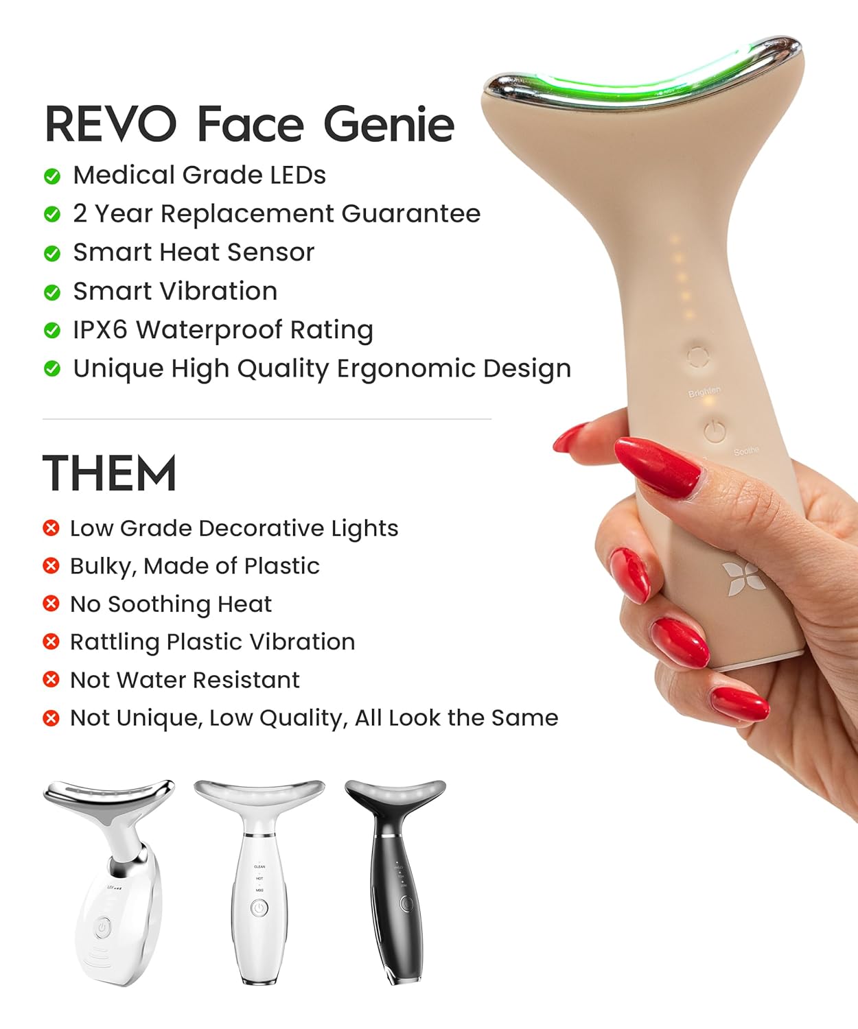 REVO Genie | Face & Neck Beauty Massager with Ultra Powerful LEDs for Wrinkles, Fine Lines, Puffy Skin, Uneven Skin Tone, Lymphatic Drainage, Lifting & Firming Facial Sculpting Tool with Light Therapy