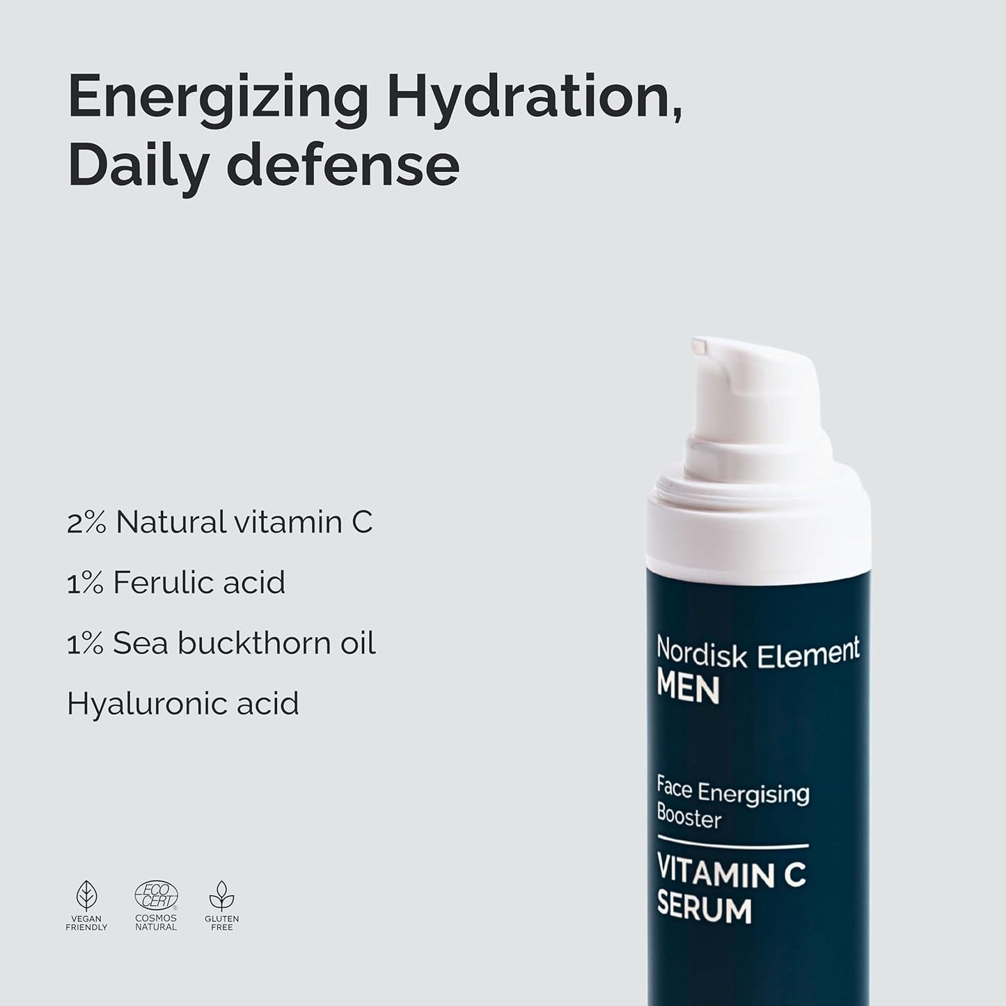 Nordisk Element Vitamin C Face Serum for Men, Anti-aging formula, Improve Appearance of Dark Spots, Tone, Fine Lines & Wrinkles, with Natural Vitamin C & Hyaluronic Acid, 1 Fl Oz