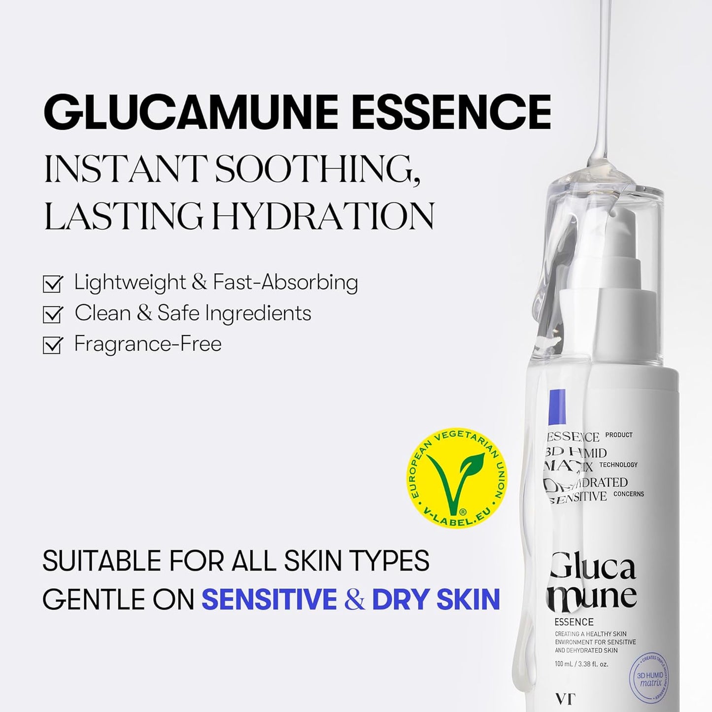 VT COSMETICS Glucamune Essence, Hydrating Vegan Serum for Face, For Dry & Sensitive Skin, Hypoallergenic, Fragrance-Free, Beta-Glucan, Glucosamine,Korean Skincare (3.38 fl. oz.)