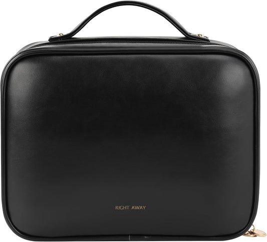 RIGHT AWAY Travel Toiletry Bag for Women, Makeup Bag& Cases, Waterproof Makeup Organizer Cosmetic Bag with Compartments,Portable Make Up Bag for Travel Size Toiletries,Skincare,Brushes Set,Black