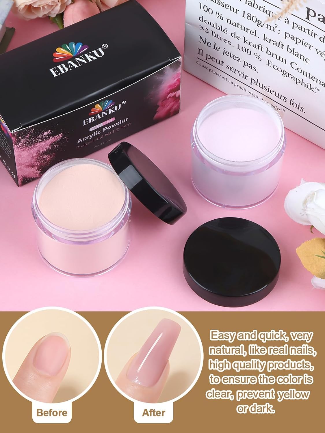 EBANKU Acrylic Nail Powder Set, Nude Pink Acrylic Powder for Nail Extension, Carving | Colored Acrylic Nail Powders for French Nail Extension, Gifts for Women (2 * 60G)