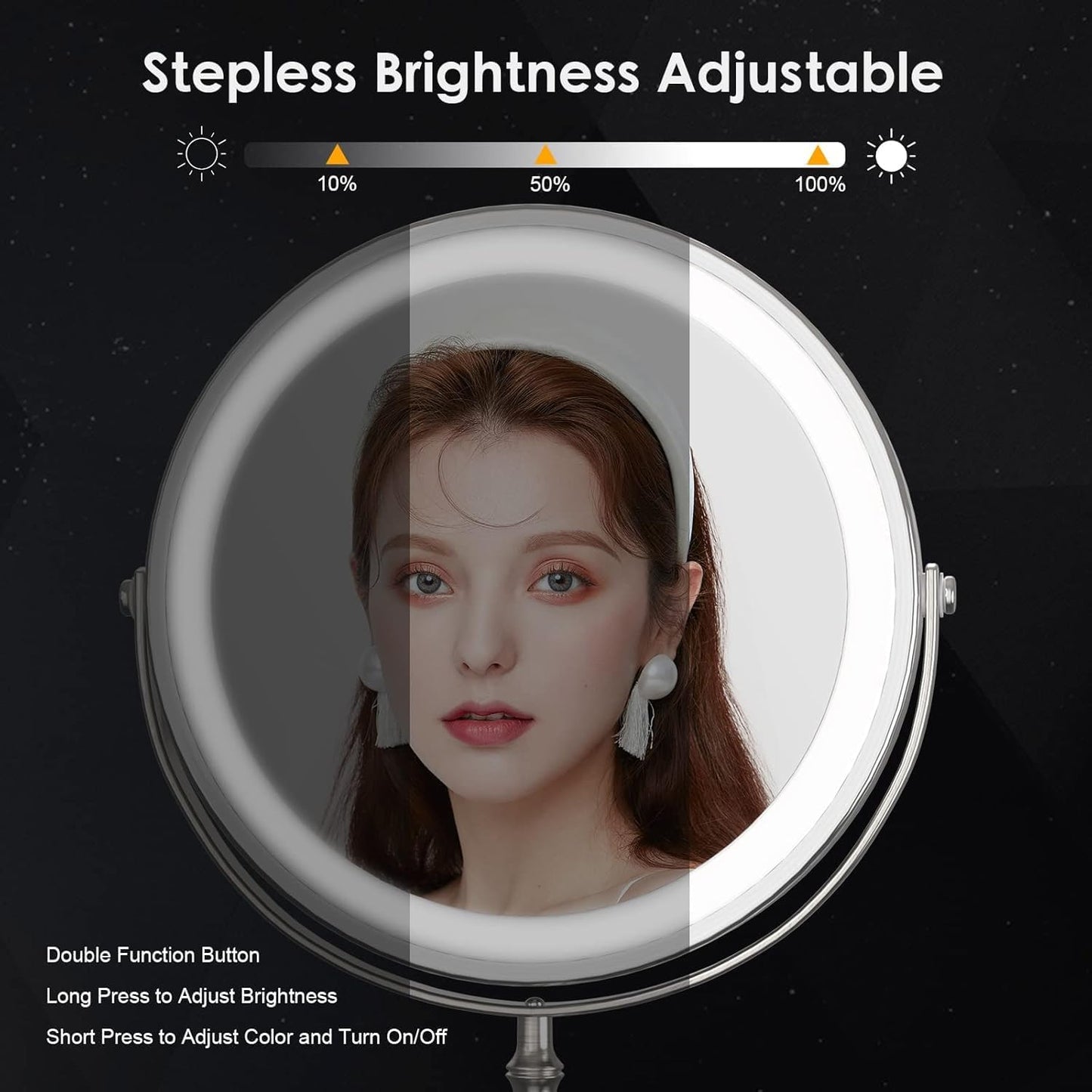 Lighted Makeup Mirror, 3000 mAh Rechargeable Double Sided Magnifying Vanity Mirror with 3 Colors, 1x/10x, 360° Rotation , Brightness Adjustable Magnification Cosmetic Light up Mirror, Women Gift