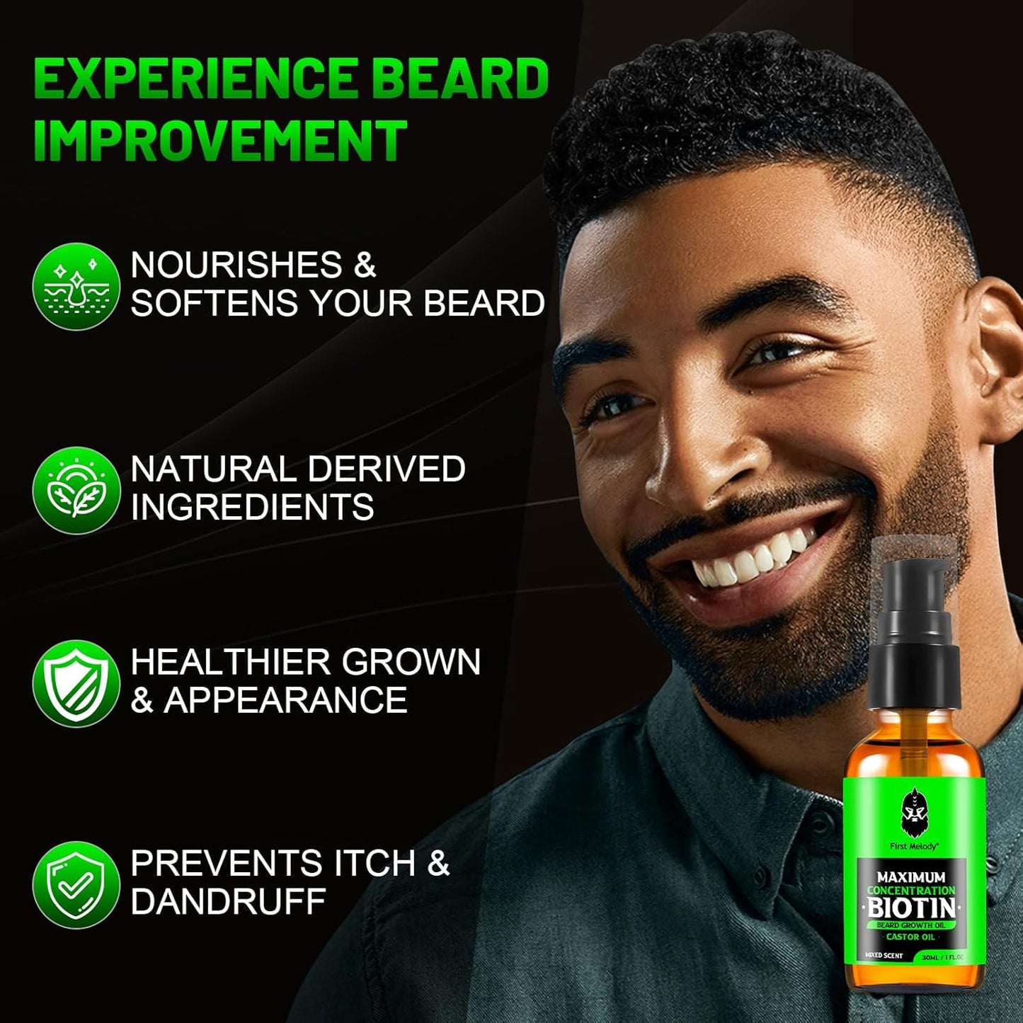 Beard Oil,Maximun Thickening Biotin, with Castor Oil and Argan & Jojoba Oils, Promotes Beard Growth, Styles, Strengthens & Softens Beards & Mustaches,1 Ounce*2（2 Pack）