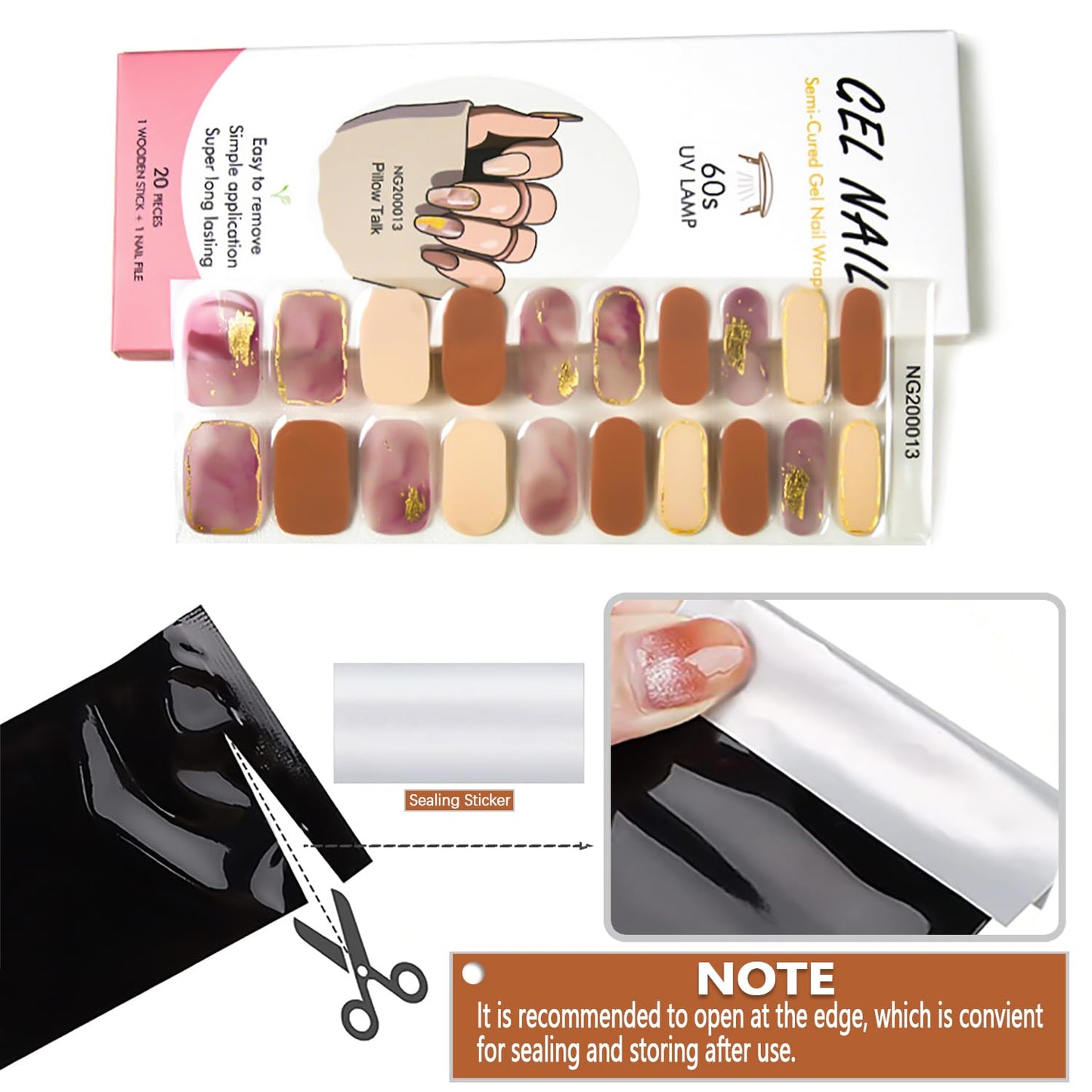 WOKOTO 20 Tips Pink Marble Design Semi-Cured Real Gel Nail Polish Strips Wraps Set With Nail File And Wood Stick On Full Press On Nail Stickers For Women Girls Gel Nail Strips Set Nail Gel Wraps