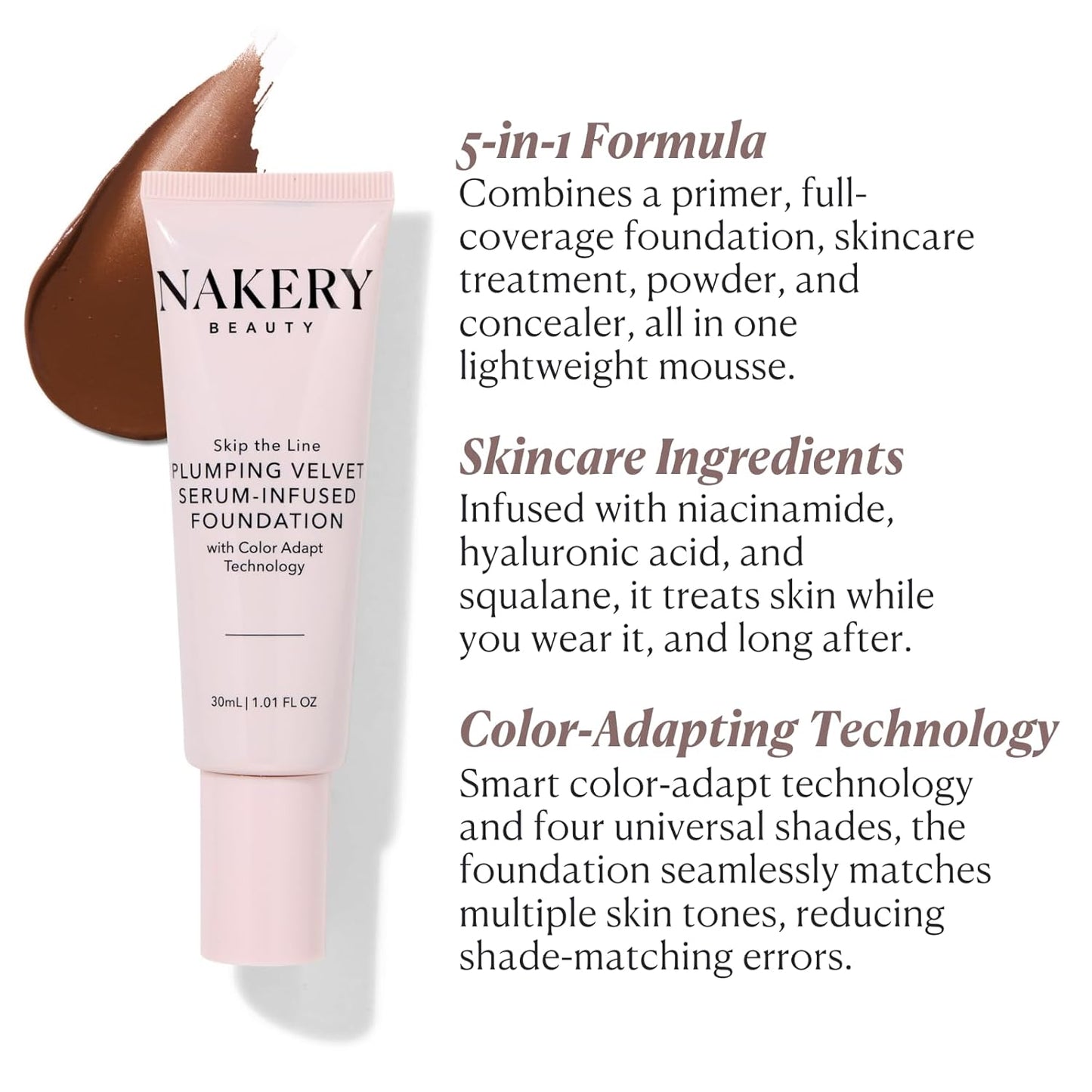 Nakery Full Coverage Plumping Liquid Foundation - Serum Infused Makeup with Niacinamide & Hyaluronic Acid for All Skin Types - Medium