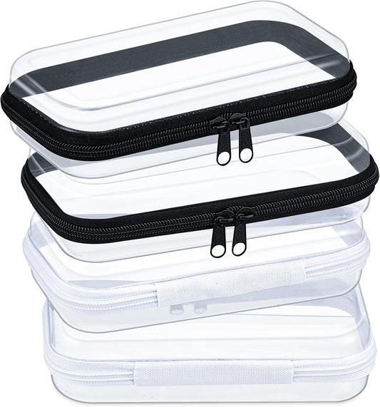 Hoolerry 4 Pcs Hard Clear Zipper Case Makeup Bags Plastic Pencil Pouch Transparent Storage Box Containers for Cosmetics, Snacks, Building Blocks, Puzzles(Black and White,7.5 x 3.9 x 2 in)