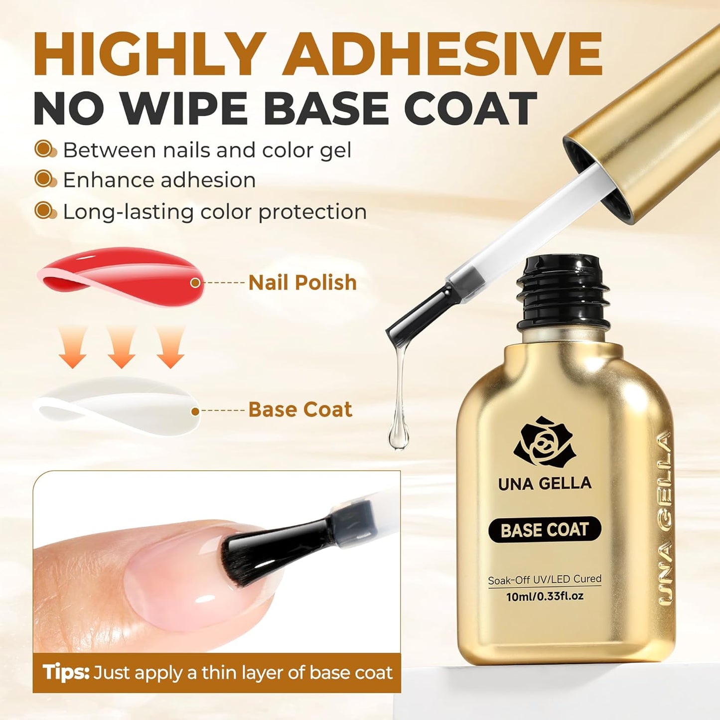 UNA GELLA No Wipe 2PCS Gel Top Coat Base Coat Set, Highly Glossy Top Coat Gel Nail Polish Strengthen and Acid-Free Clear Nail Base Soak Off, Key to Manicure for Her (U V Cure Need)