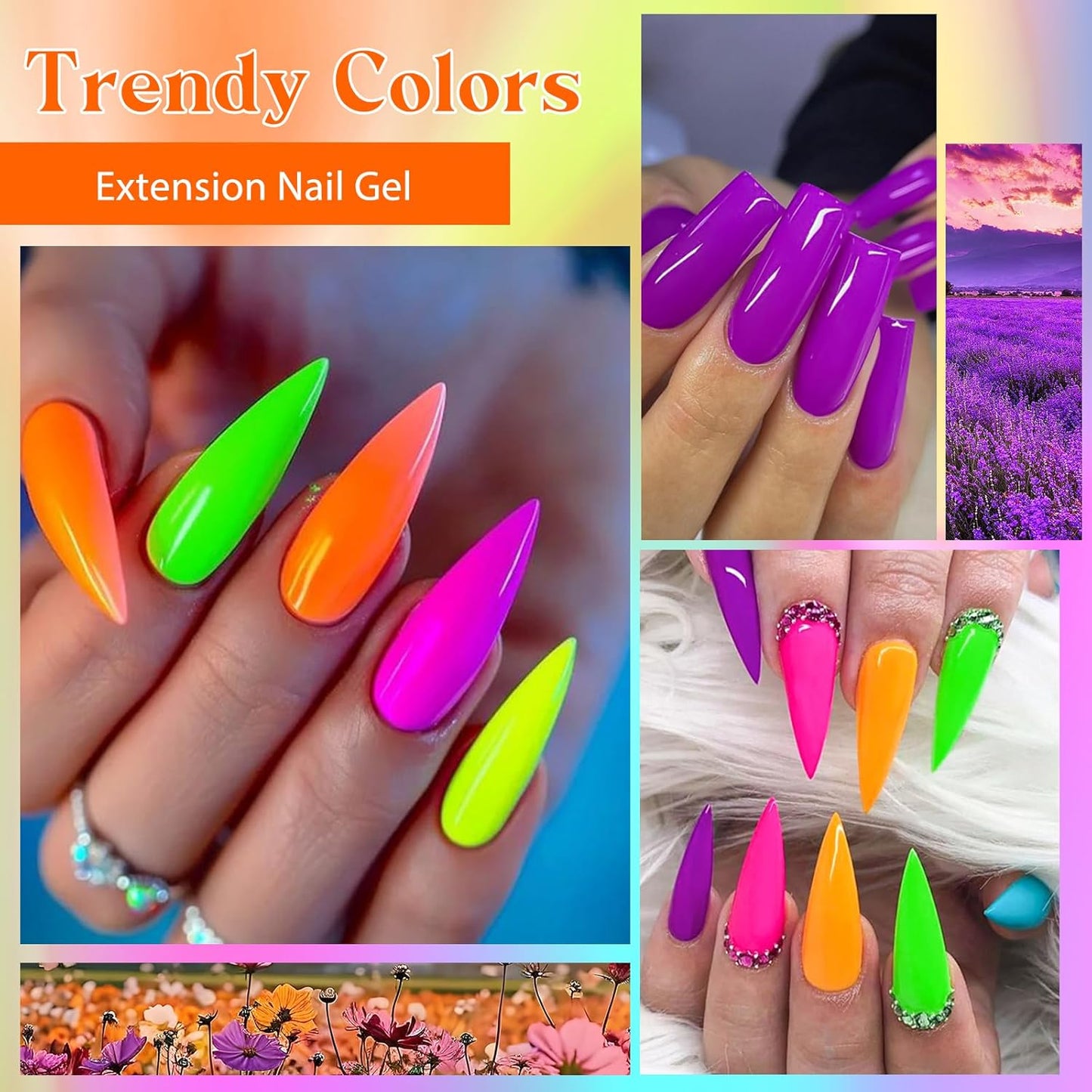 Neon Poly Nail Gel Set - 6 Colors Halloween Pink Neon Green Yellow Orange Bright Colors Poly Extension Nail Gel Polish Kit Soak Off UV Long Lasting Enhancement Solution for Salon DIY at Home