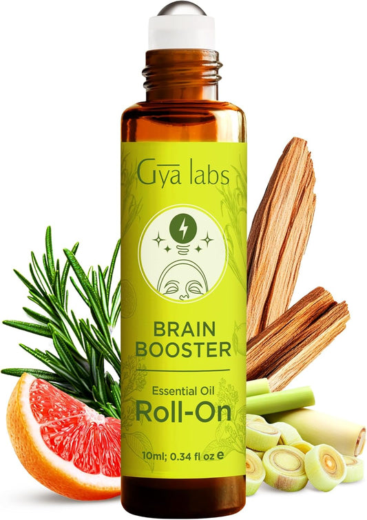 Gya Labs Brain Booster Essential Oil Roll on - Refreshing Brain Essential Oils Roller, 100% Pure Natural, Blend with Rosemary, Sandalwood, Lemongrass & Grapefruit, Travel Size (0.34 Fl Oz)