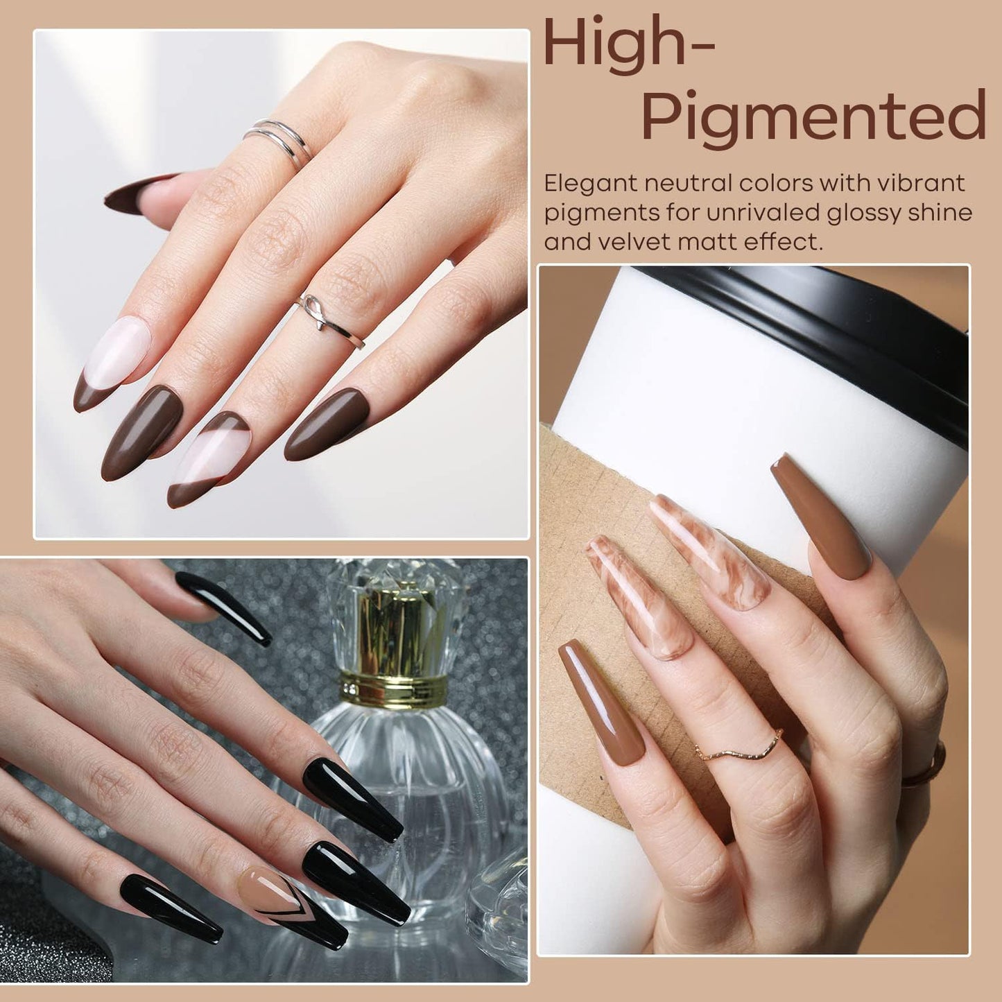 modelones Gel Nail Polish Set, 6 Colors Fall Winter Chocolate Brown Black Nude Glitter Gel Polish Kit Neutral Soak Off Nail Art Salon Design French Manicure DIY at Home Gifts for Women Girls