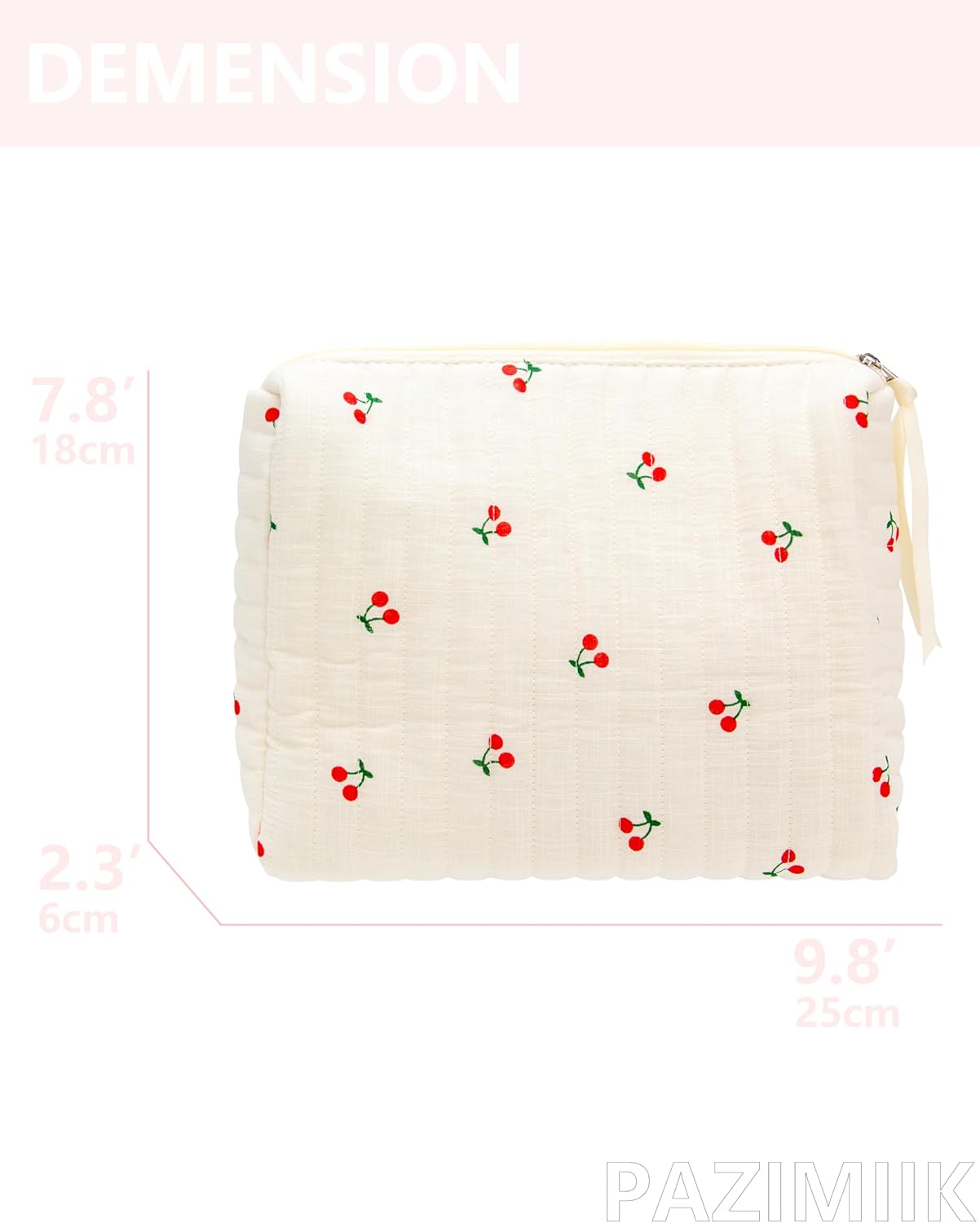 PAZIMIIK Quilted Makeup Bag Large Travel Zipper Soft Cosmetic Pouch for Women Girls Make Up,Cherry Beige
