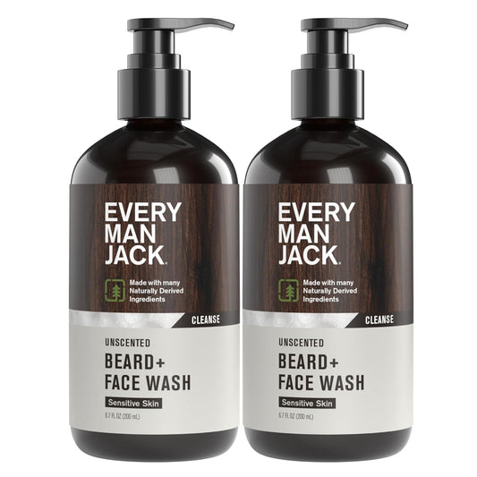 Every Man Jack Unscented Beard + Face Wash - Fragrance Free for Sensitive Skin - Naturally Cleanse and Condition Your Beard and Skin - 6.7-ounce (2 pack)