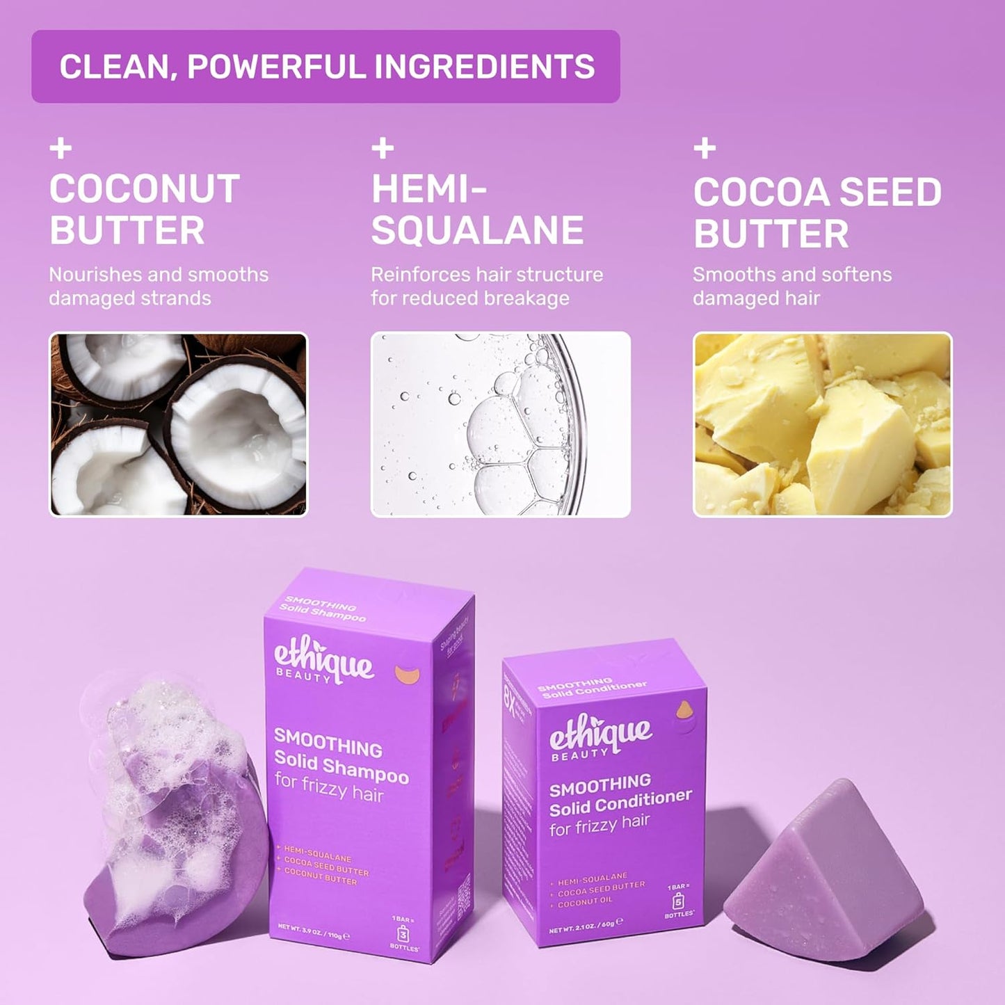 Ethique Smoothing Shampoo Bar for frizzy hair with Coconut Butter - Plastic-Free, Cruelty-Free, Vegan, 3.88 oz - Formerly Frizz Wrangler