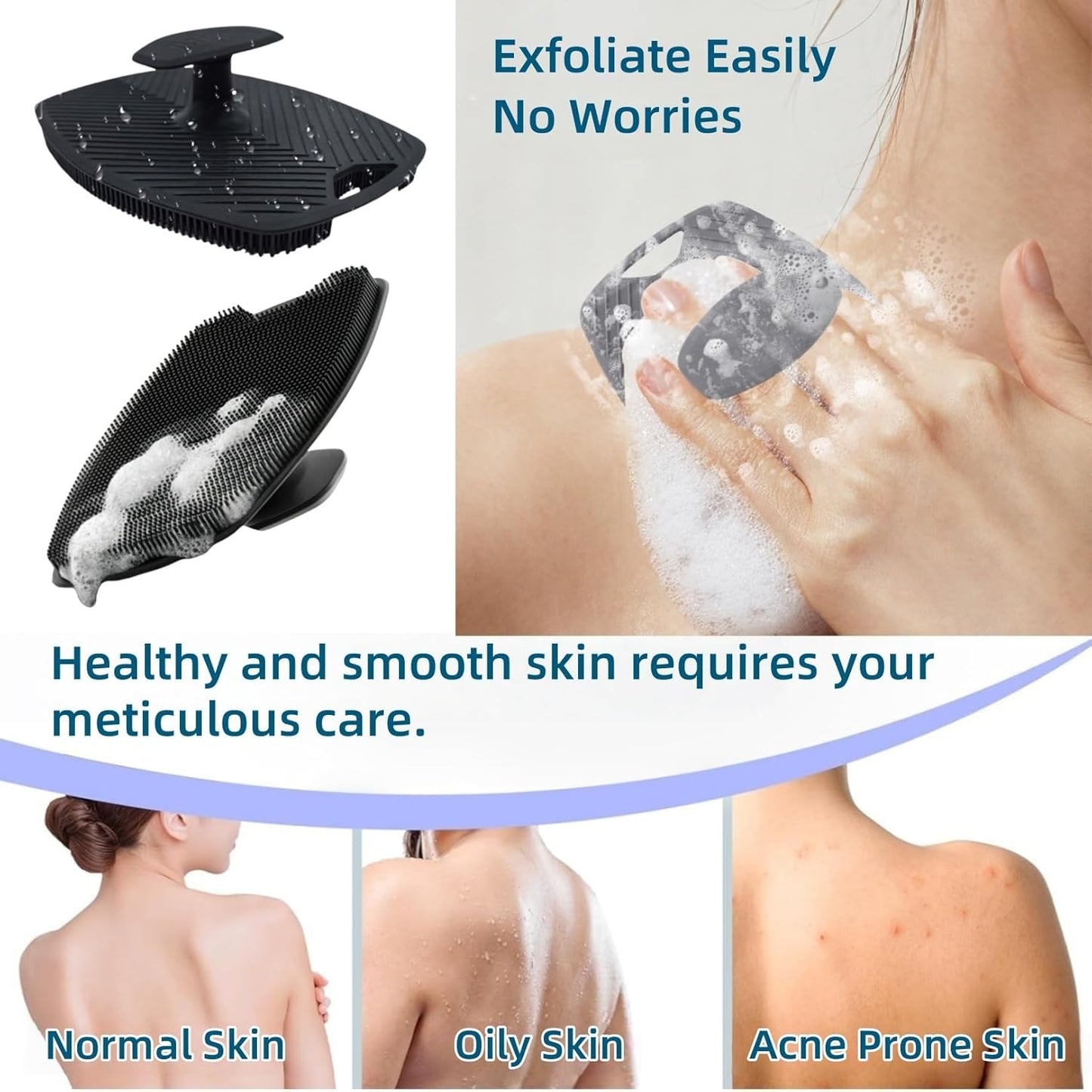 2 Pack Food-Grade Silicone Body Scrubber, Highly Elastic Bristles Handheld Brush for Shower, Lather Well and Gentle Exfoliating, Makes Skin Smooth, for Women and Men, Black and Gray