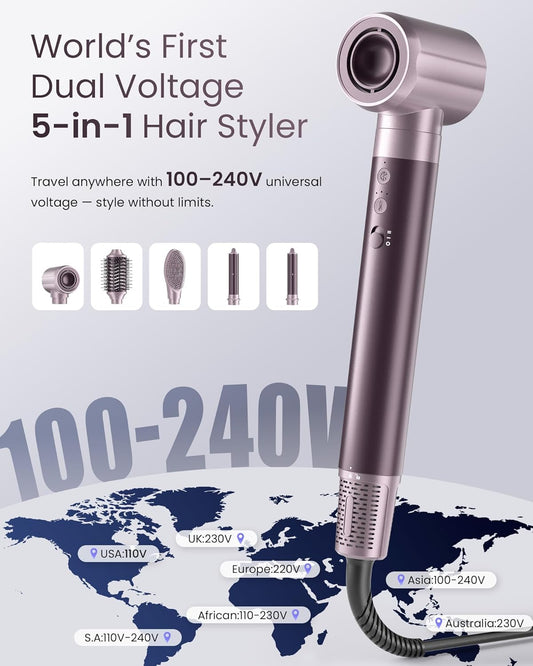 Dual Voltage Hair Dryer Brush for Travel – 5 in 1 Air Styler with High-Speed Blow Dryer, Ionic Anti-Frizz, Compact Design with Travel Bag, Ideal for Europe & Worldwide Use (100V–240V)