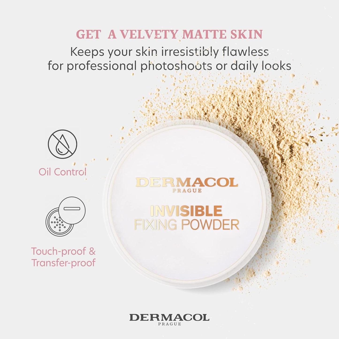 Dermacol - Invisible Fixing Face Powder, Touch-proof Translucent Setting Powder for Oily Skin & Other Skin Types, Loose Powder Makeup, Frangrance-Free Matte Powder with Powder Puff, Light, 13.5 g