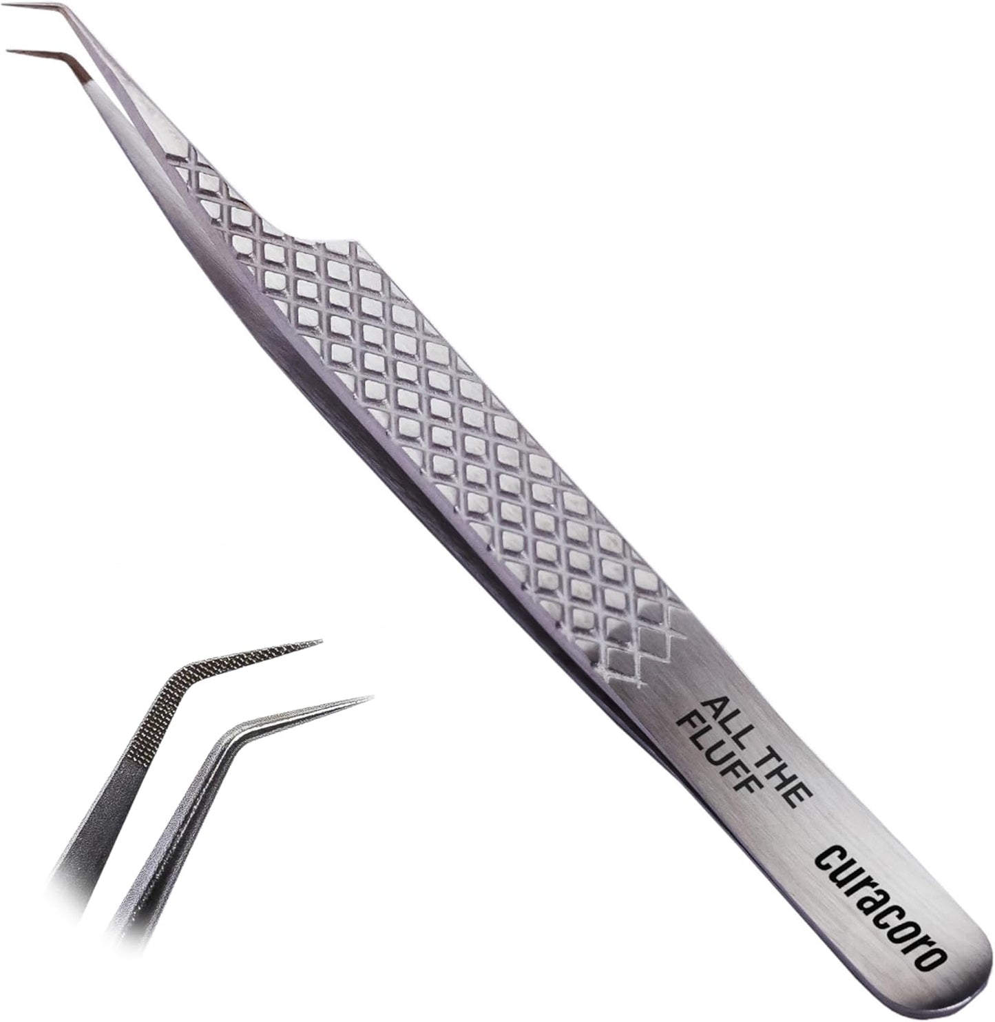 Curacoro Lash Tweezer - Professional & Precision Fiber Tip Grip Lash Tweezers for Eyelash Extensions, Multi Shapes & Purposes Tweezers for Volume, Isolation & Classic Lashes (Silver, All The Fluff)