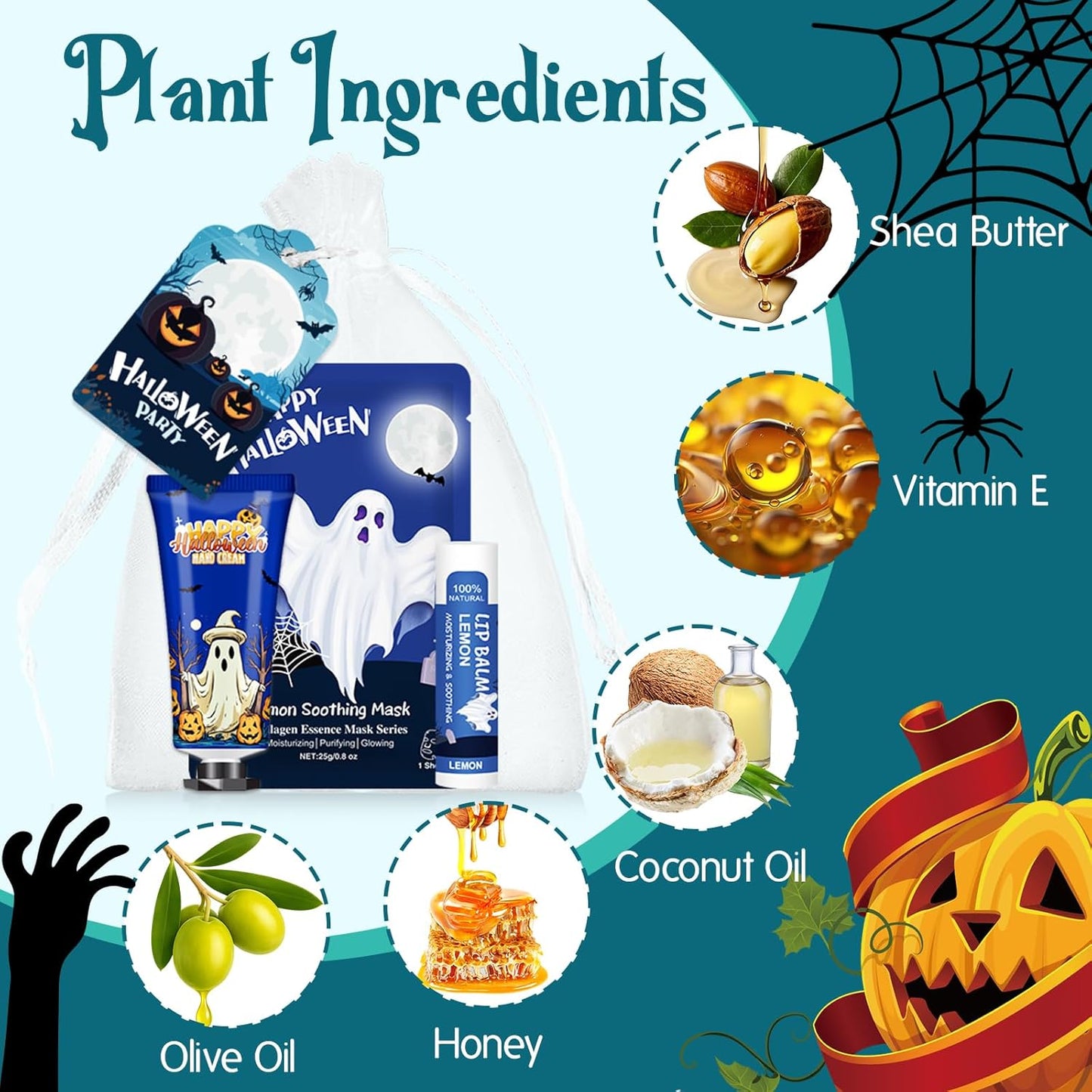 VESPRO 50 Pack Halloween Hand Cream, Facial Mask and Lip Balm Set, Bulk Halloween Gifts for Women, Halloween Decorations, Halloween Party Favors, Halloween Basket Stuffers and Halloween Skincare