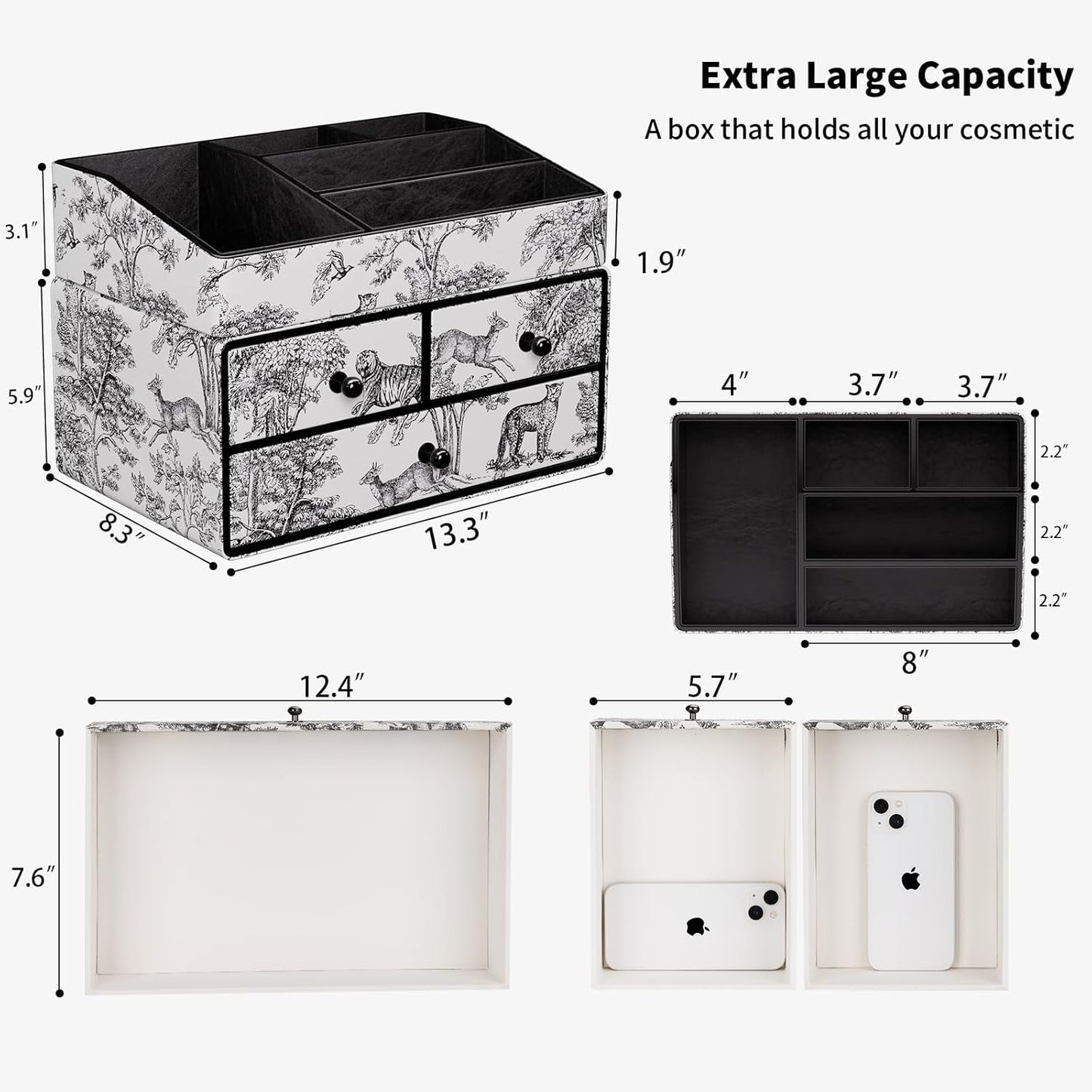 GORESE Leather Makeup Organizer with 3 Drawers for Vanity, Stackable Skincare Holder Dresser Organizer Countertop, Make Up Storage Organizers Counter Cosmetic Display Case Gift for Women(Retro Black)