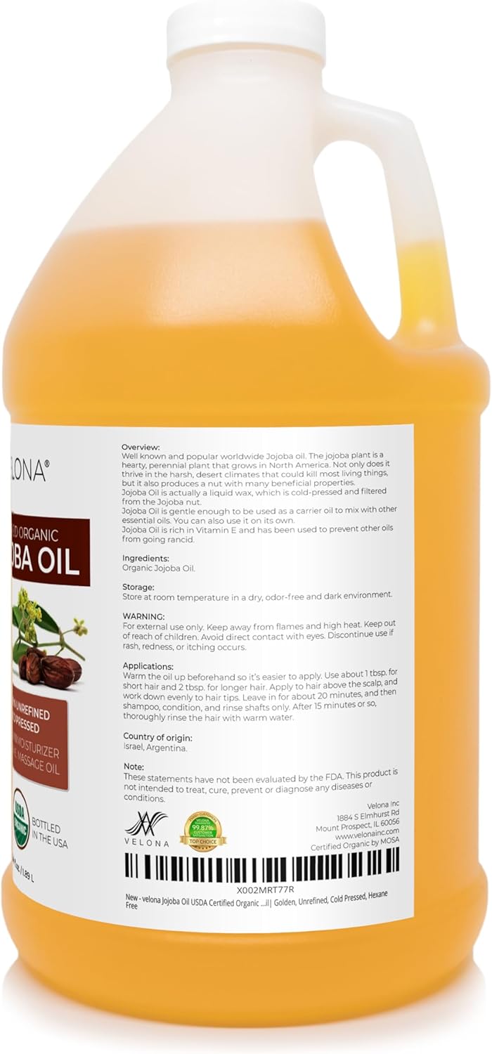 velona Jojoba Oil USDA Certified Organic - 64 Fl Oz | 100% Pure and Natural Carrier Oil| Golden, Unrefined, Cold Pressed, Hexane Free