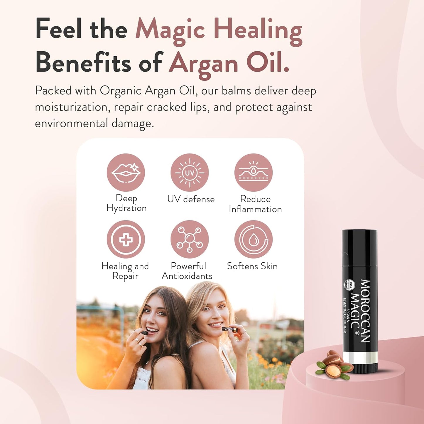 Moroccan Magic Organic Lavender Vanilla Lip Balm 3 Pack | Ultra-Hydrating Argan & Essential Oil Lip Moisturizer + Vitamin E | Natural Chapstick for Dry Lips | Smooth, Non-Toxic | Organic Lip Balm