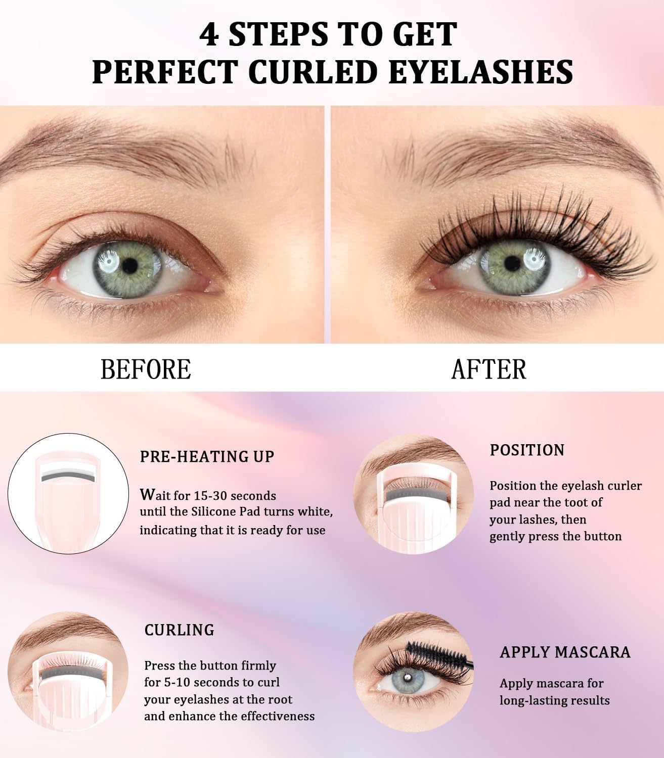 Heated Eyelash Curler Premium PRO - Fast Heat up in 8s - 24 Hours Long Lasting - Rechargeable Electric Eyelash Curler with Type-C, Innovative L Silicone, 2 Heat Modes, Anti-Burn Eyelid, Pink-CC