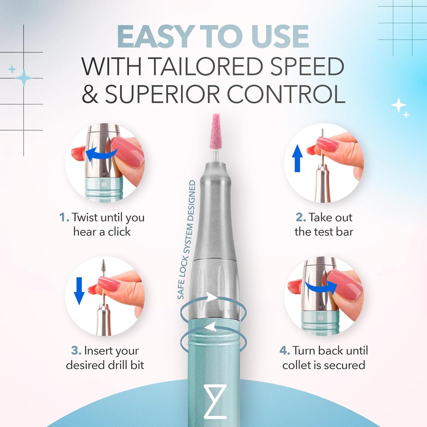 M Mase- Professional Nail Drill Machine - Coreless 2-in-1 Nail File - Electric, Cordless, 35000 RPM, HD Display - Electric Nail Drill for Professional & Home Use (Teal)