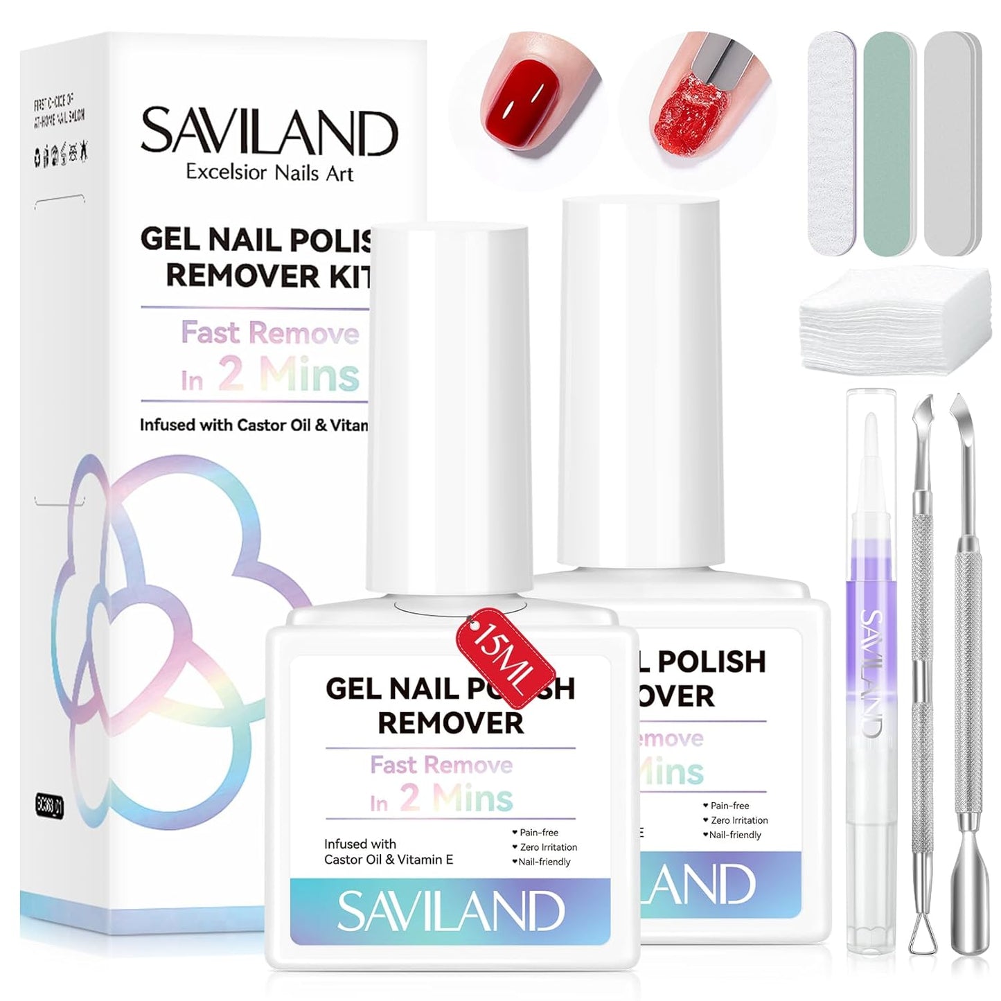 SAVILAND Gel Nail Polish Remover Kit: 2 PCS Soak off Gel Polish Remover Quick & Easy Rich in Castor Oil & Vitamin E, with Cuticle Oil Pen Nail Tools for Gel Nails Remove Home Salon Use