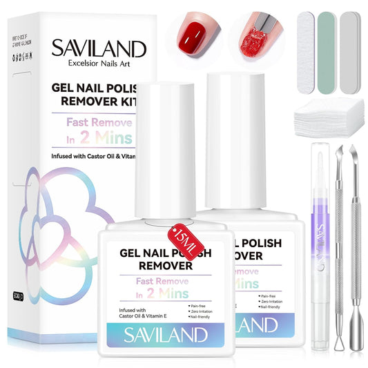 SAVILAND Gel Nail Polish Remover Kit: 2 PCS Soak off Gel Polish Remover Quick & Easy Rich in Castor Oil & Vitamin E, with Cuticle Oil Pen Nail Tools for Gel Nails Remove Home Salon Use