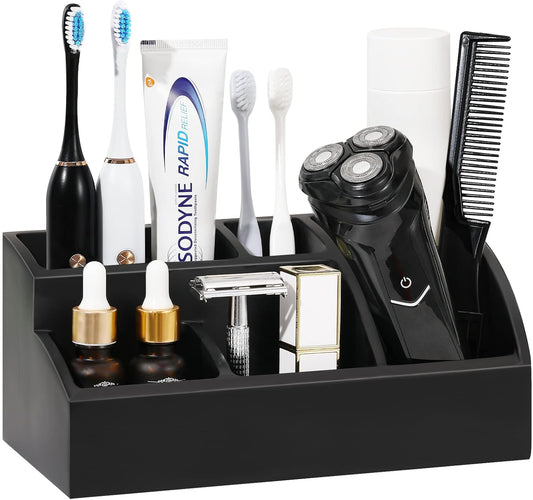 Luxspire Bathroom Counter Organizer, Toothbrush Holder for Bathroom 5 Slot, Large Bathroom Countertop Organizer Storage Marble Bathroom Accessories for Toothbrush Toothpaste, Matte Black