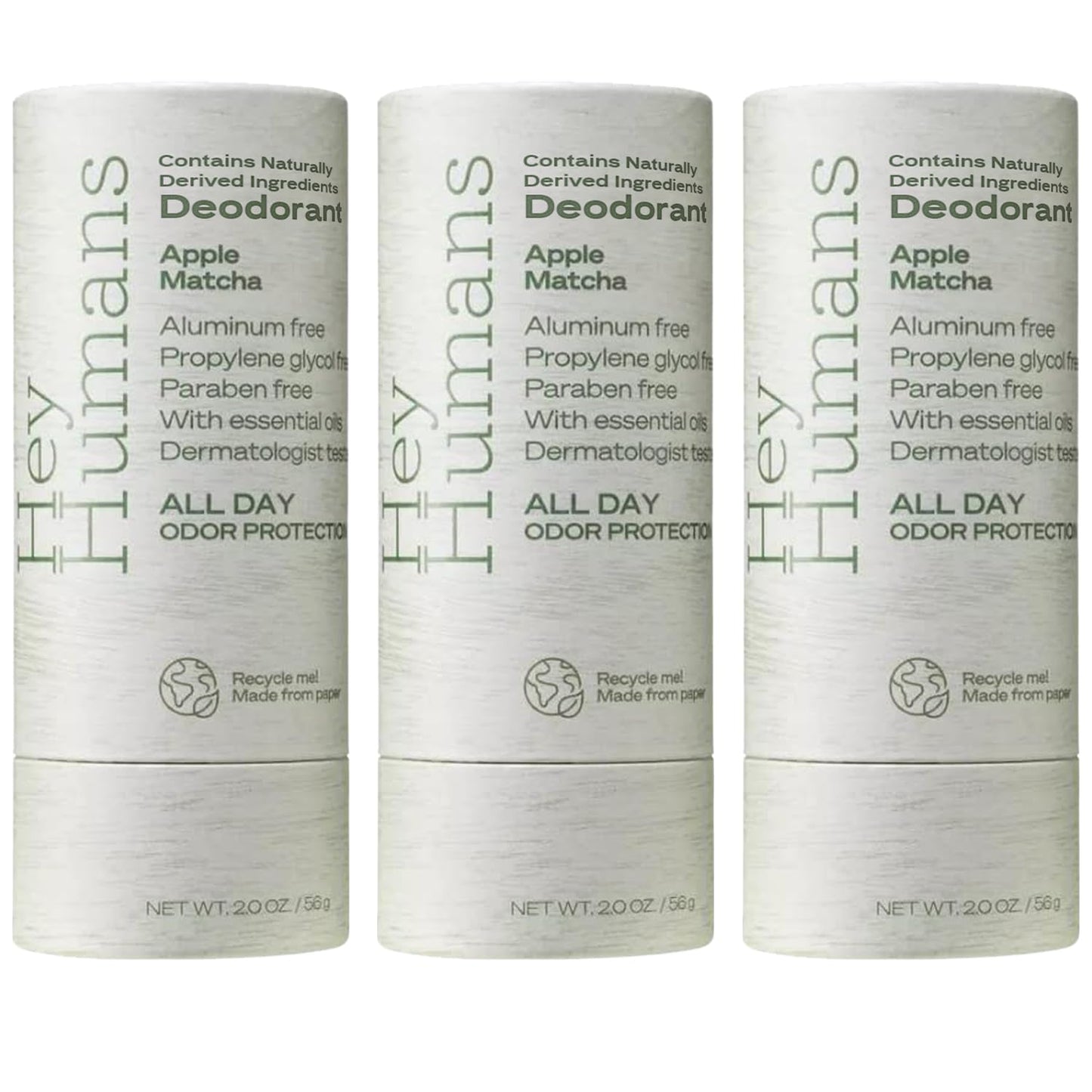 Hey Humans Deodorant, Aluminum Free Deodorant for Women and Men, Contains Naturally Derived Ingredients, All Day Odor Control, Refreshing Essential Oils, Earth Friendly Package, Apple Matcha