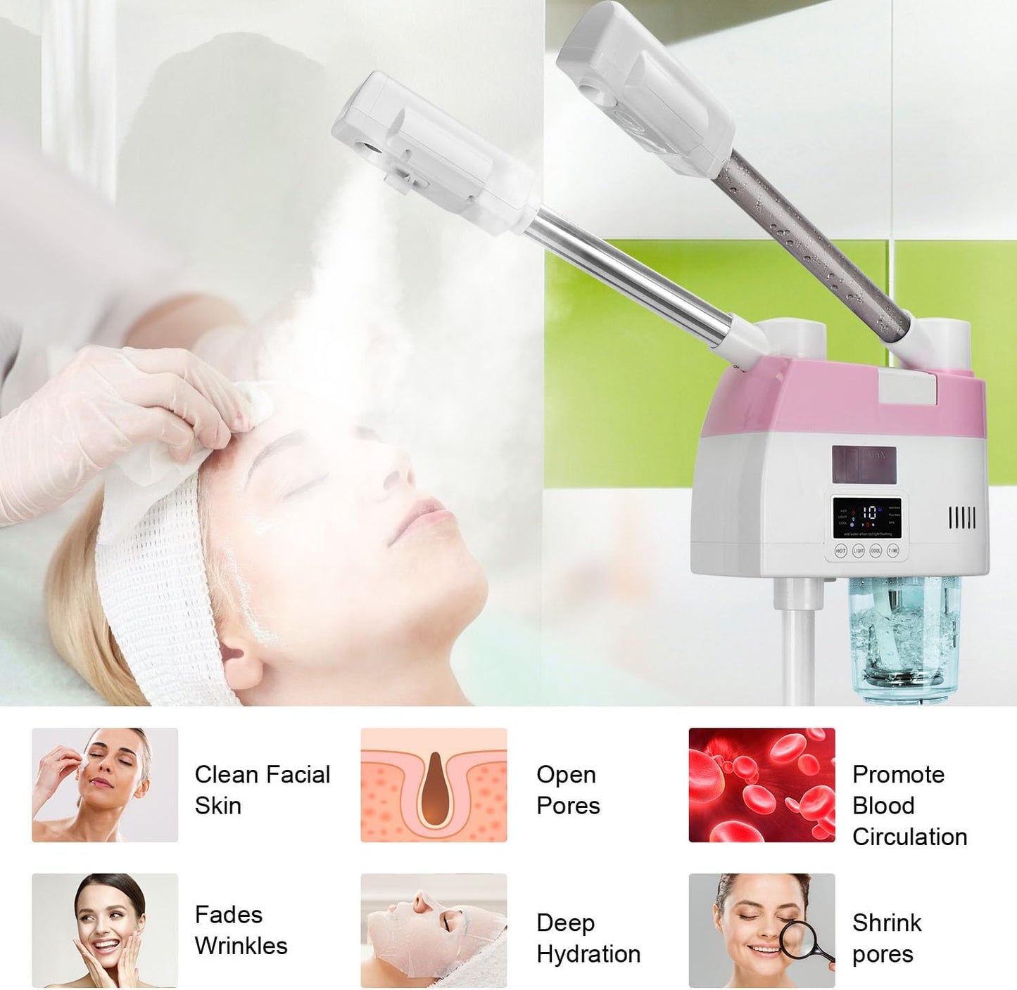 Professional Facial Steamer,2 in 1 Facial Steamers with Hot&Cool Mist, Height Adjustable Face Steamer, Pink Esthetician Steamer for Home Salon Spa