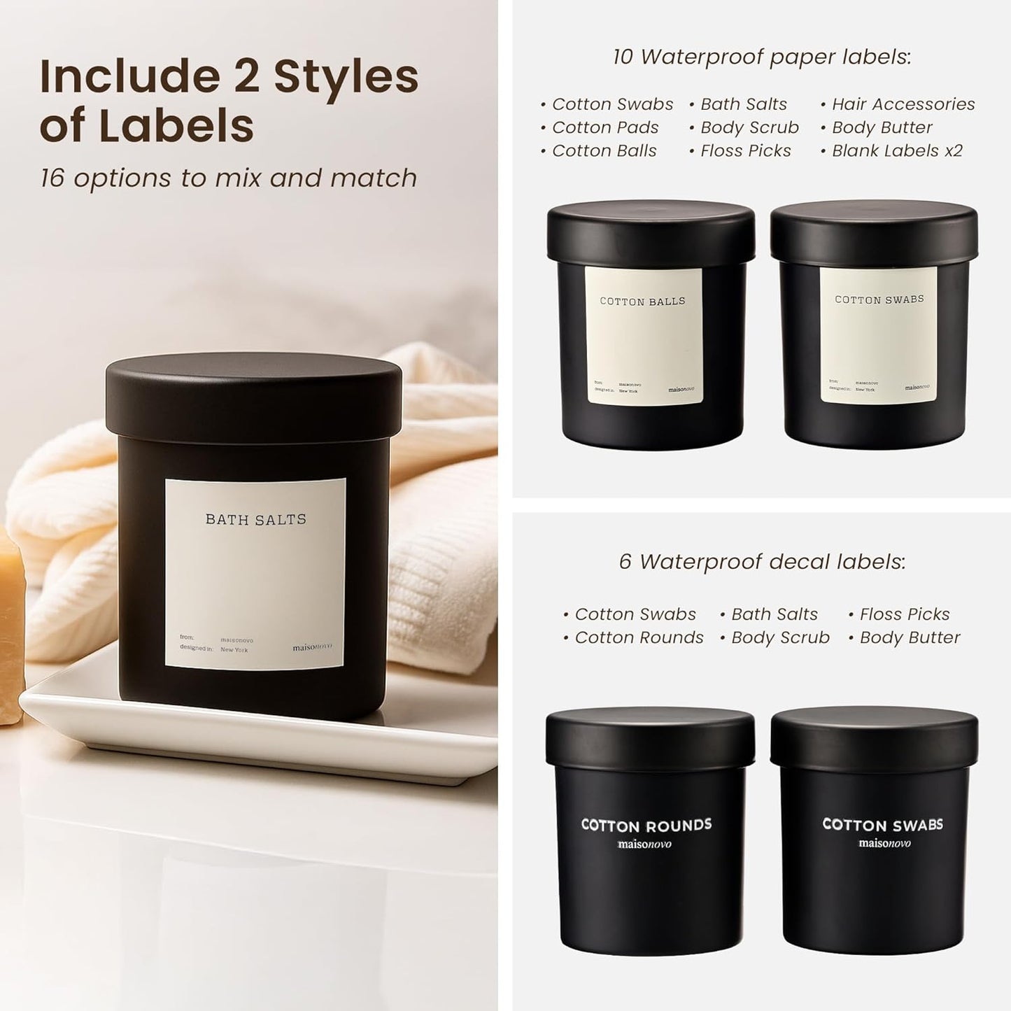 MaisoNovo Qtip Holder Bathroom Set – Airtight Glass Qtip Holder with Lid to Store Q Tips, Cotton Rounds, Cotton Balls, Floss Picks, Hair Ties with free labels pack - 2 Black Jars with Glass Lids