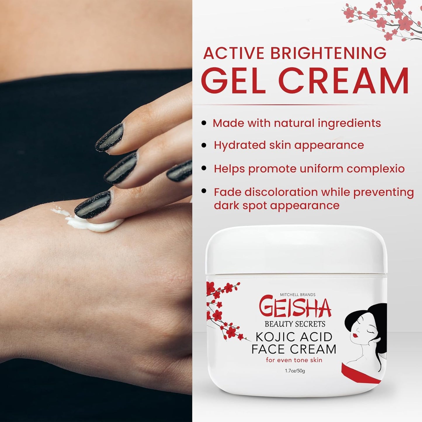Geisha Kojic Acid Cream - 1.7 fl oz / 50 ml - Skin Brightening Cream for Face, Body, Hands - with Glycolic Acid