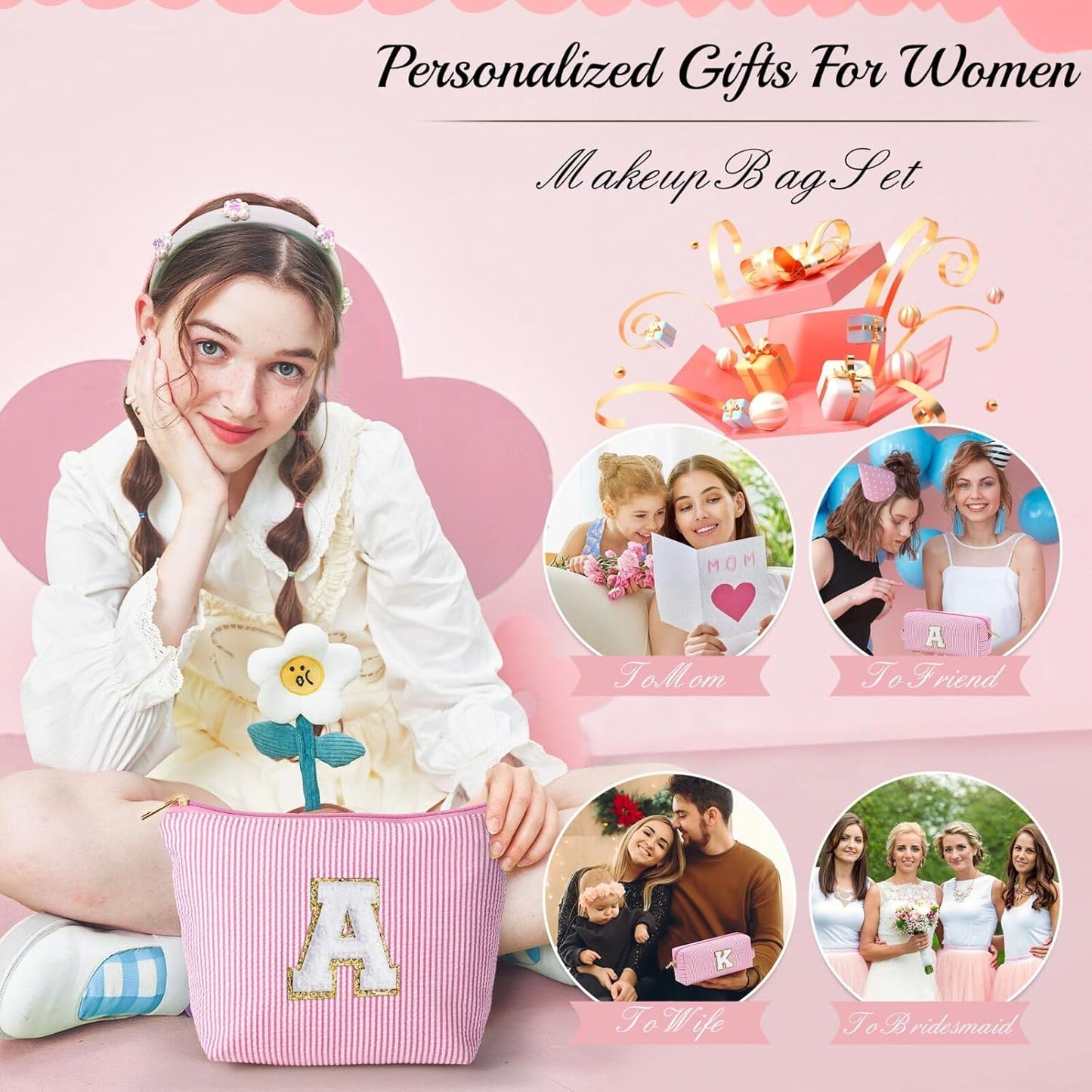 YOOLIFE Personalized Gifts for Women, Cute Travel Makeup Bag Daughter Niece Gifts Cosmetic Bag Skin Care Bag Sister Wife Friend Teacher Engagement Wedding Gifts for Women Mothers Day Thank You Gift P
