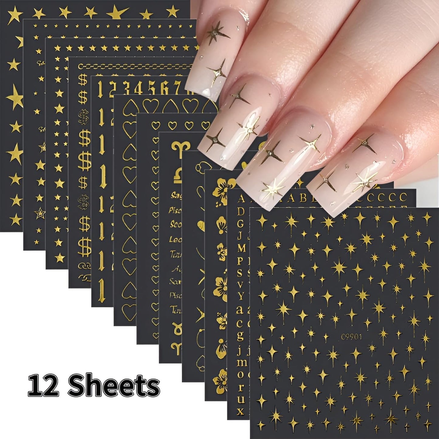 12 Sheets Gold Nail Art Stickers Decals 3D Self Adhesive Letter Heart Nail Decals,Flower Star Nail Stickers,Gold Nail Stickers for Nail Art,Nails Supplies for Women Girls