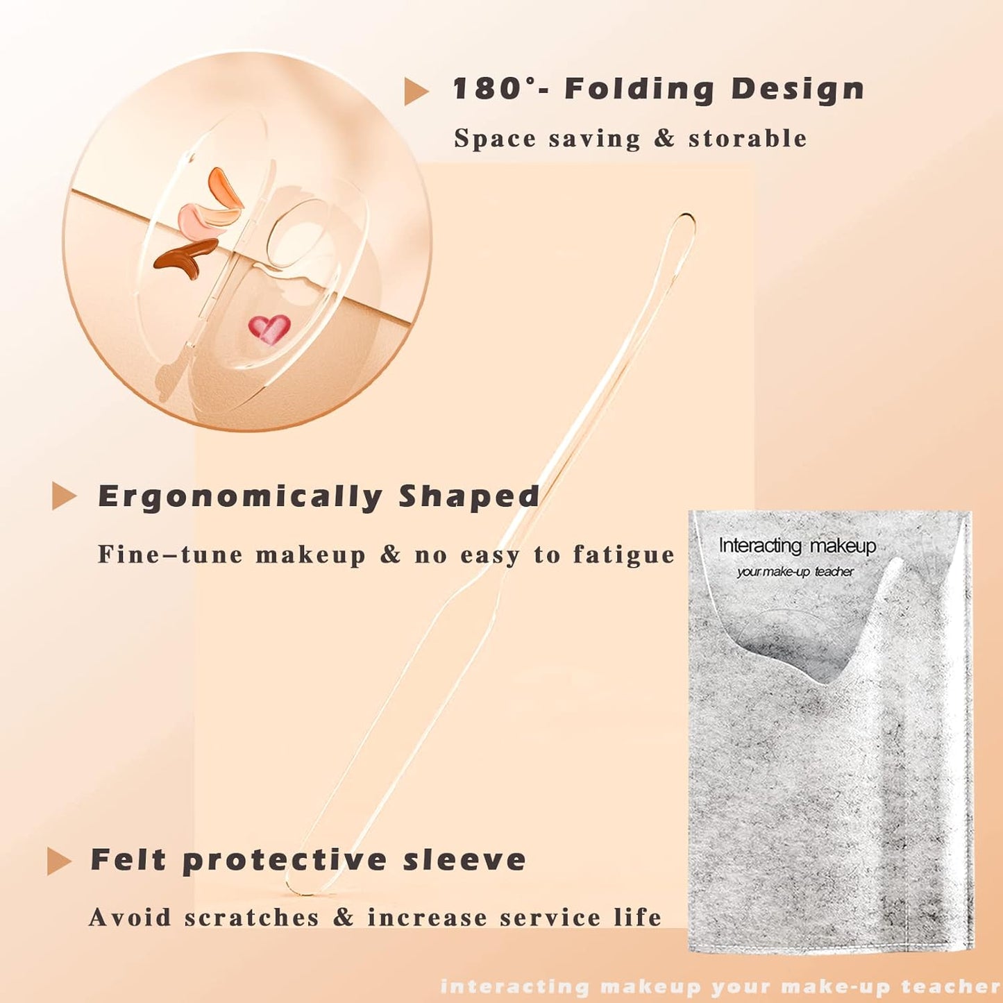 180 Degree Folding Acrylic Makeup Mixing Palette, Plastic Foundation Makeup Facial Palette with Felt Bag, Transparent Spatula Tool for Eyeshadow Liquid Foundation Cosmetic Pigment Mixing