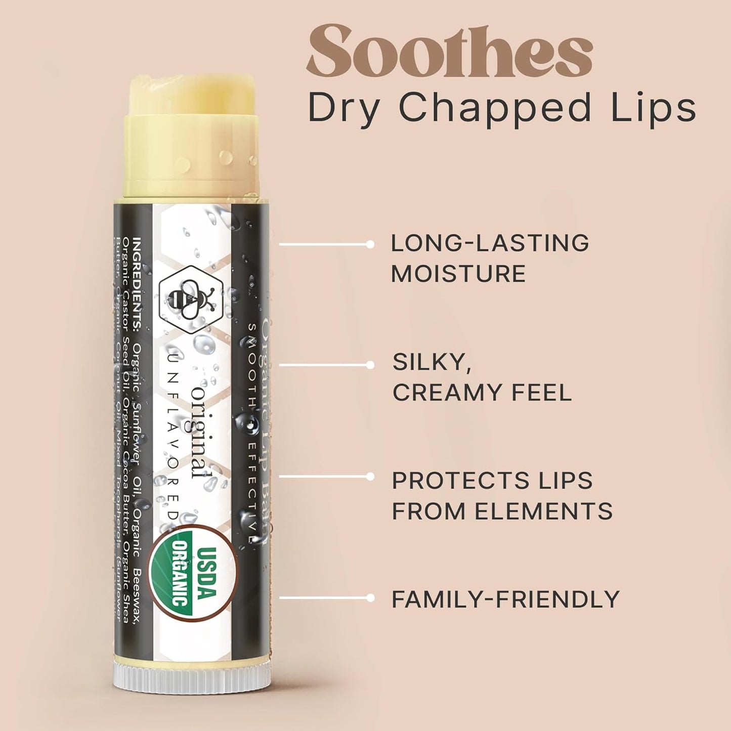 USDA Organic Lip Balm - USA Made with Natural Ingredients, 4 Pack Unflavored Chapstick for Dry Lips, Birthday Gifts for Her & Him, Lip Balm Hydrating Beauty Gifts, Lip Moisturizer, Mens Gift Ideas